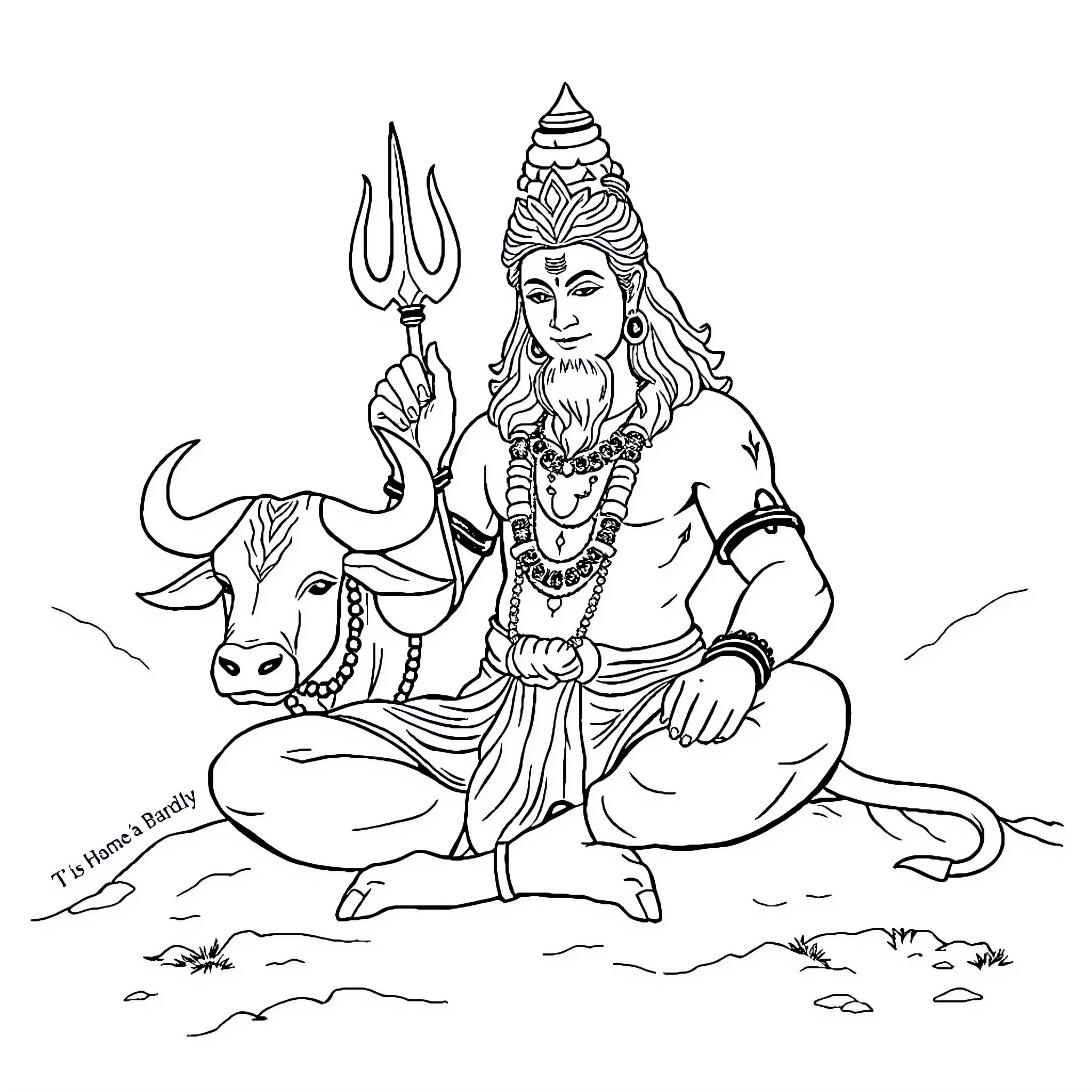 Shivji seated on his bull, wielding a trident Coloring Page (free black-and-white line drawing printable PDF for all, from beginners to advanced learners, including children, teens, adults, and seniors)