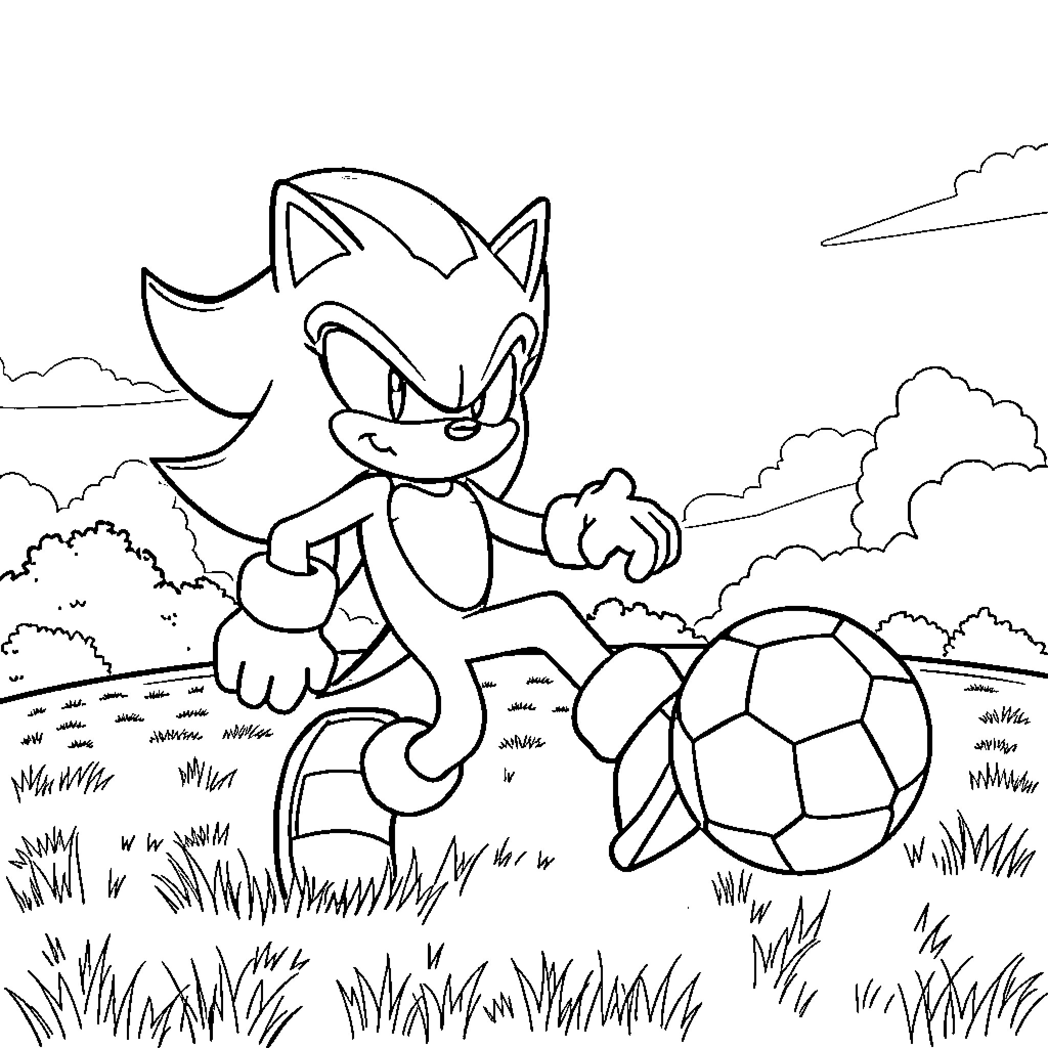 Shadow of a playful character kicking a ball Coloring Page (free black-and-white line drawing printable PDF for all, from beginners to advanced learners, including children, teens, adults, and seniors)