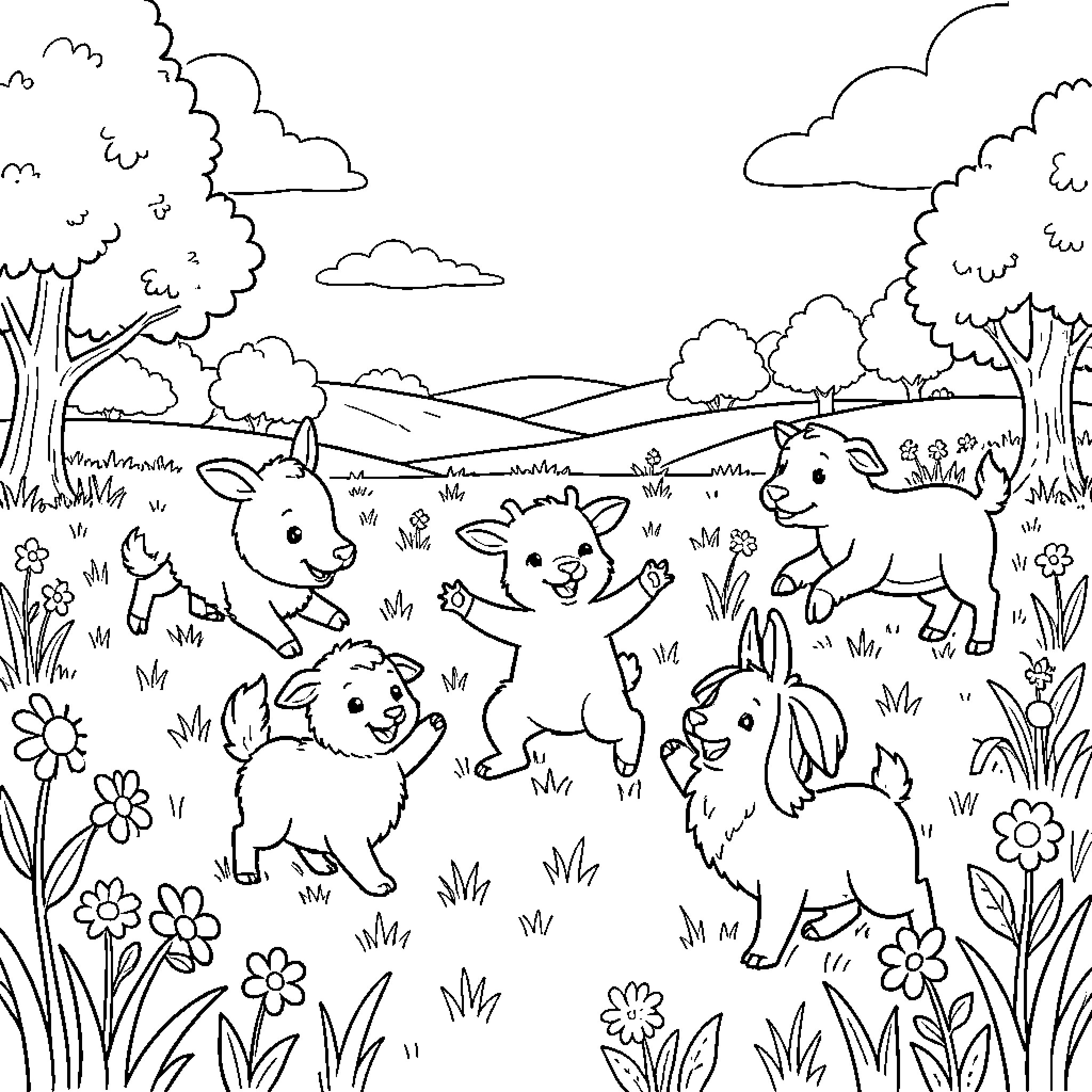Farm Animal Pasture with Playful Creatures Coloring Page (free black-and-white line drawing printable PDF for all, from beginners to advanced learners, including children, teens, adults, and seniors)