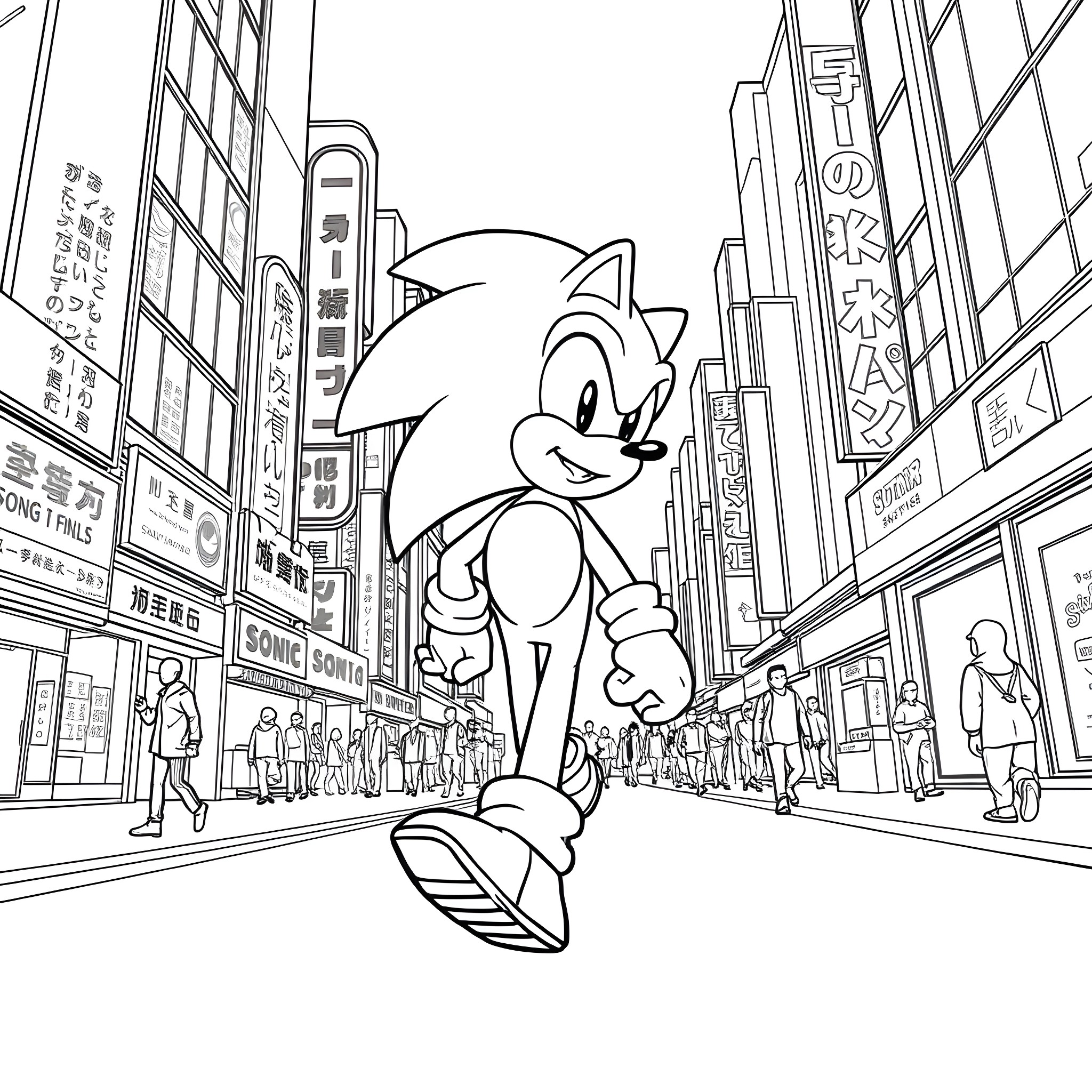 Sonic racing through a busy city street Coloring Page (free black-and-white line drawing printable PDF for all, from beginners to advanced learners, including children, teens, adults, and seniors)