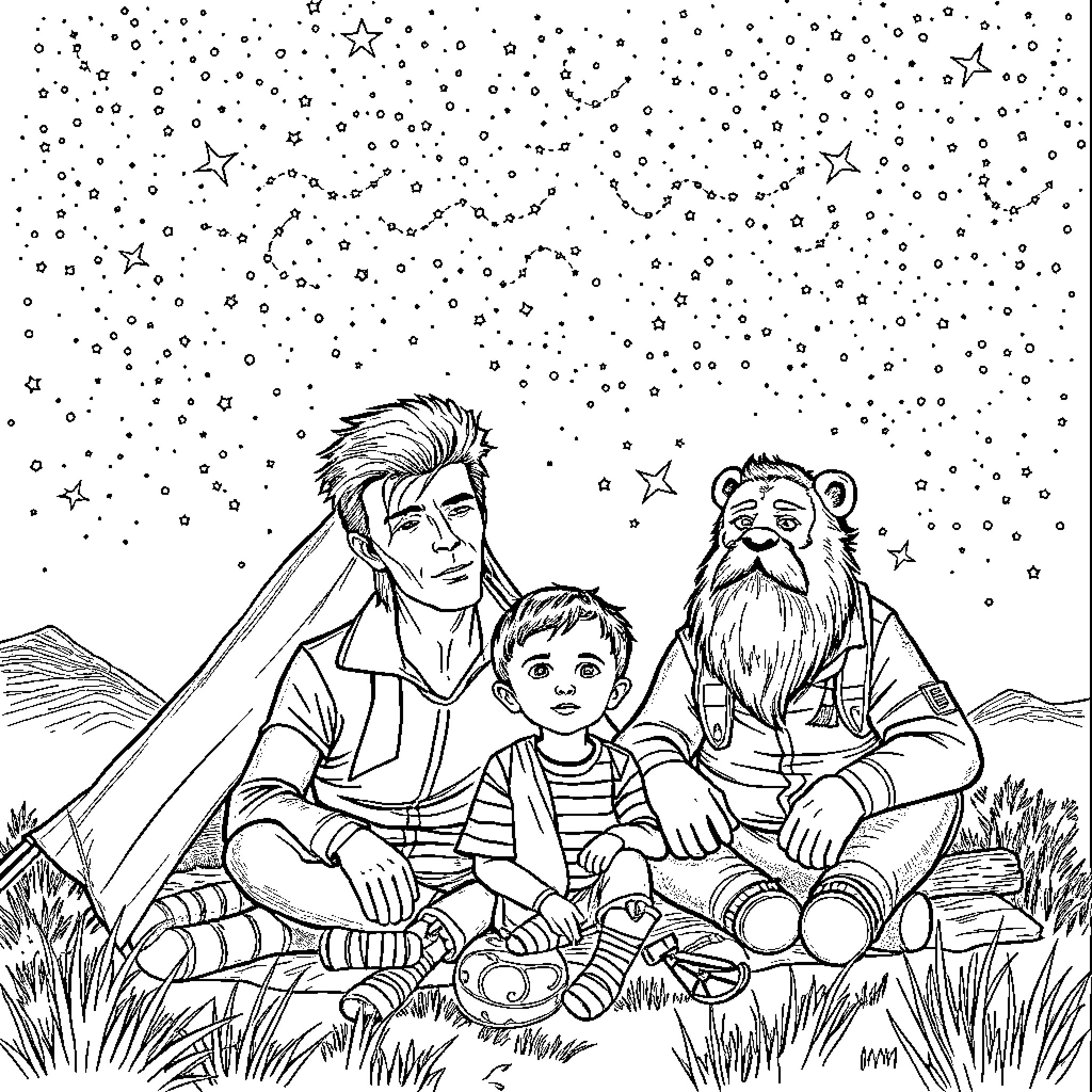 David Bowie stars in a whimsical adventure with companions Coloring Page (free black-and-white line drawing printable PDF for all, from beginners to advanced learners, including children, teens, adults, and seniors)