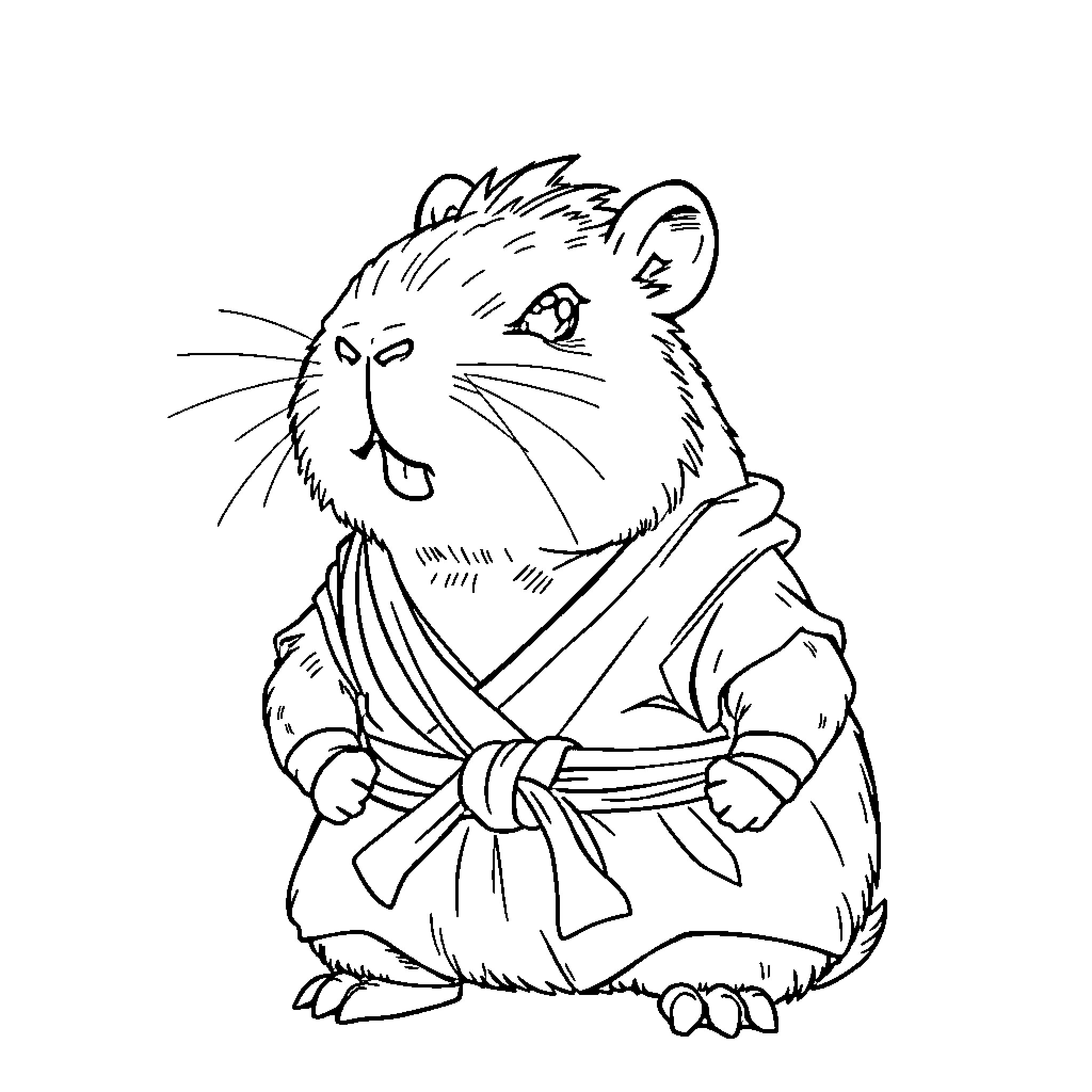 Capybara practicing martial arts in kimono Coloring Page (free black-and-white line drawing printable PDF for all, from beginners to advanced learners, including children, teens, adults, and seniors)