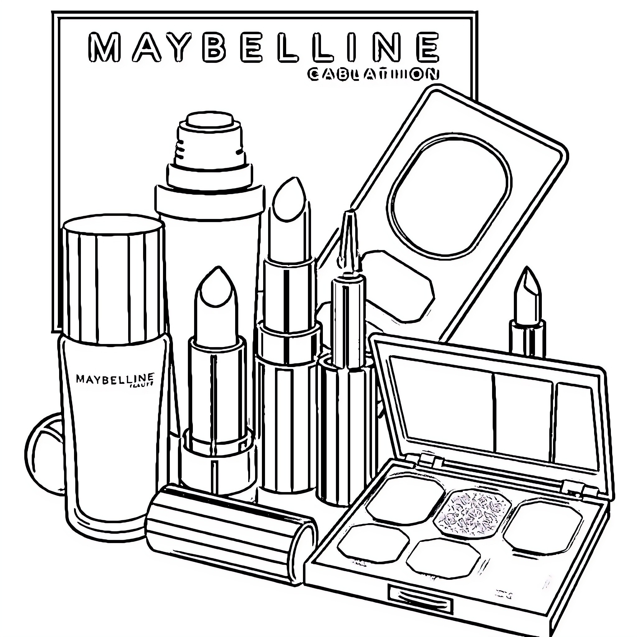 Makeup products and accessories displayed Coloring Page (free black-and-white line drawing printable PDF for all, from beginners to advanced learners, including children, teens, adults, and seniors)