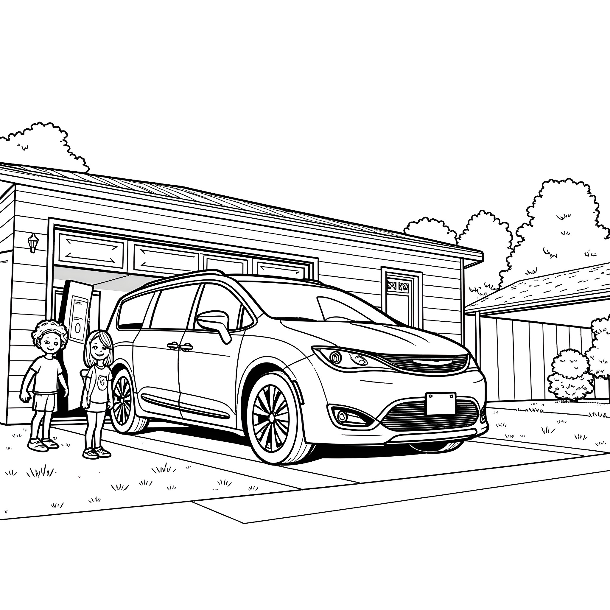 Chrysler Pacifica family enjoying the outdoors Coloring Page (free black-and-white line drawing printable PDF for all, from beginners to advanced learners, including children, teens, adults, and seniors)