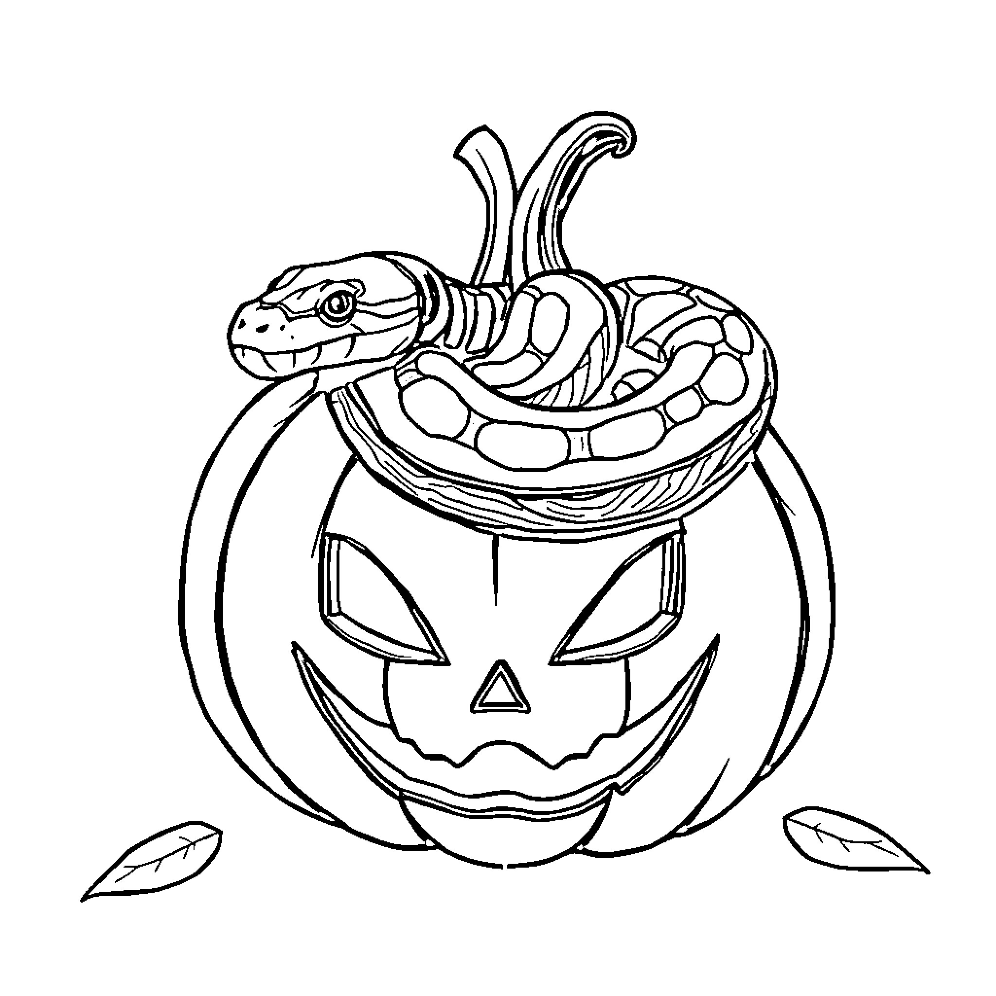 Ball Python resting in a pumpkin Coloring Page (free black-and-white line drawing printable PDF for all, from beginners to advanced learners, including children, teens, adults, and seniors)