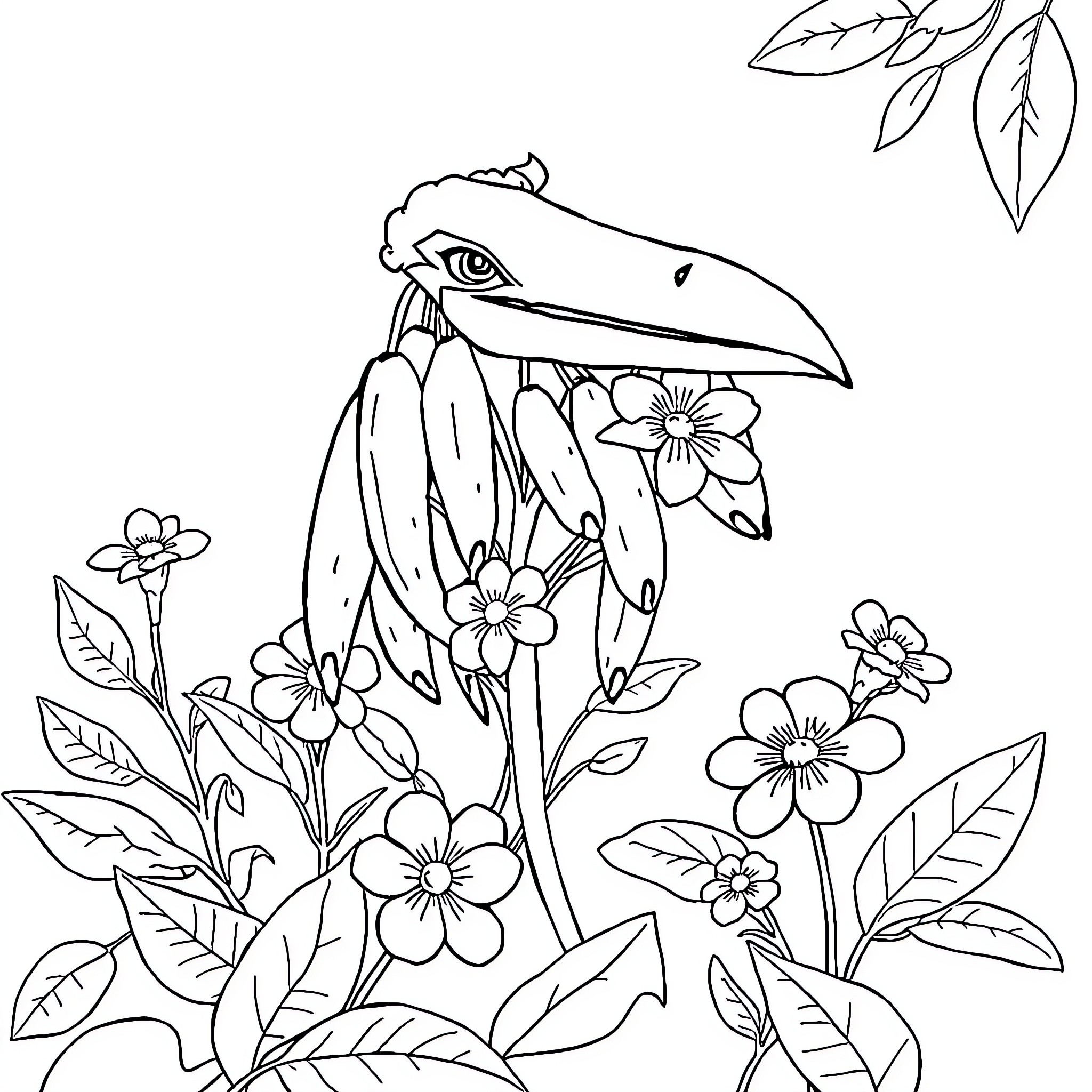 Hill of Enchanting Flowers and Curious Creature Coloring Page (free black-and-white line drawing printable PDF for all, from beginners to advanced learners, including children, teens, adults, and seniors)