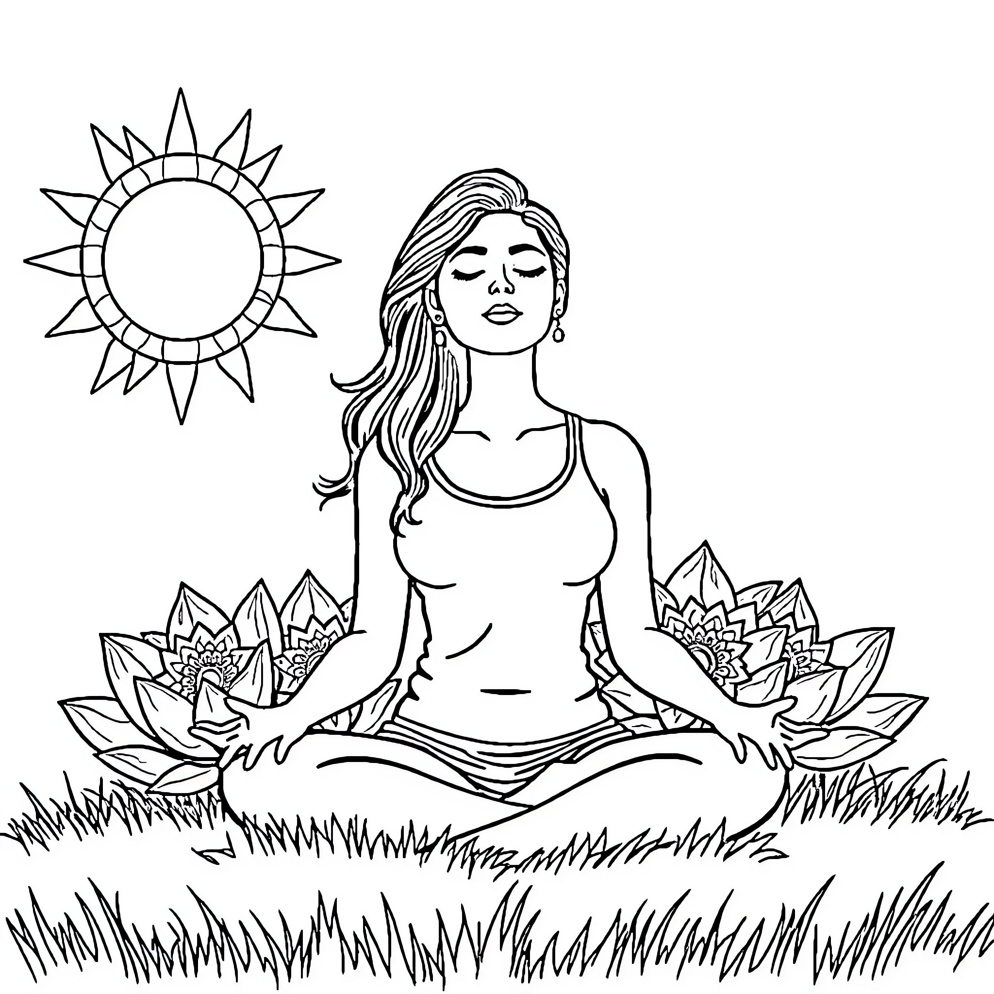Woman meditating peacefully in nature Coloring Page (free black-and-white line drawing printable PDF for all, from beginners to advanced learners, including children, teens, adults, and seniors)