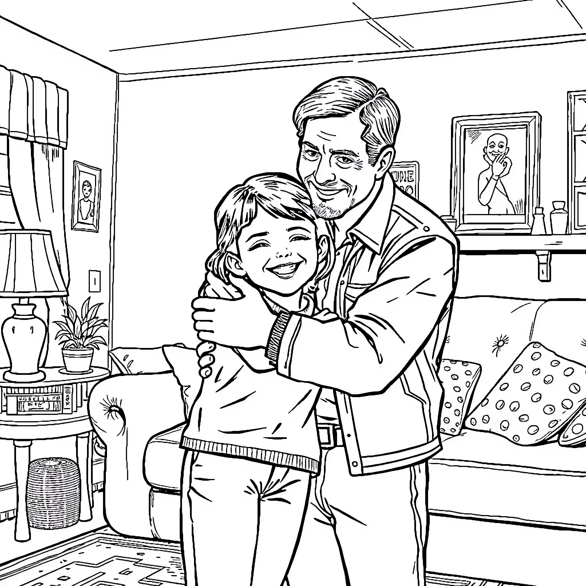 Eleven's Father and Daughter Embrace in Home Coloring Page (free black-and-white line drawing printable PDF for all, from beginners to advanced learners, including children, teens, adults, and seniors)