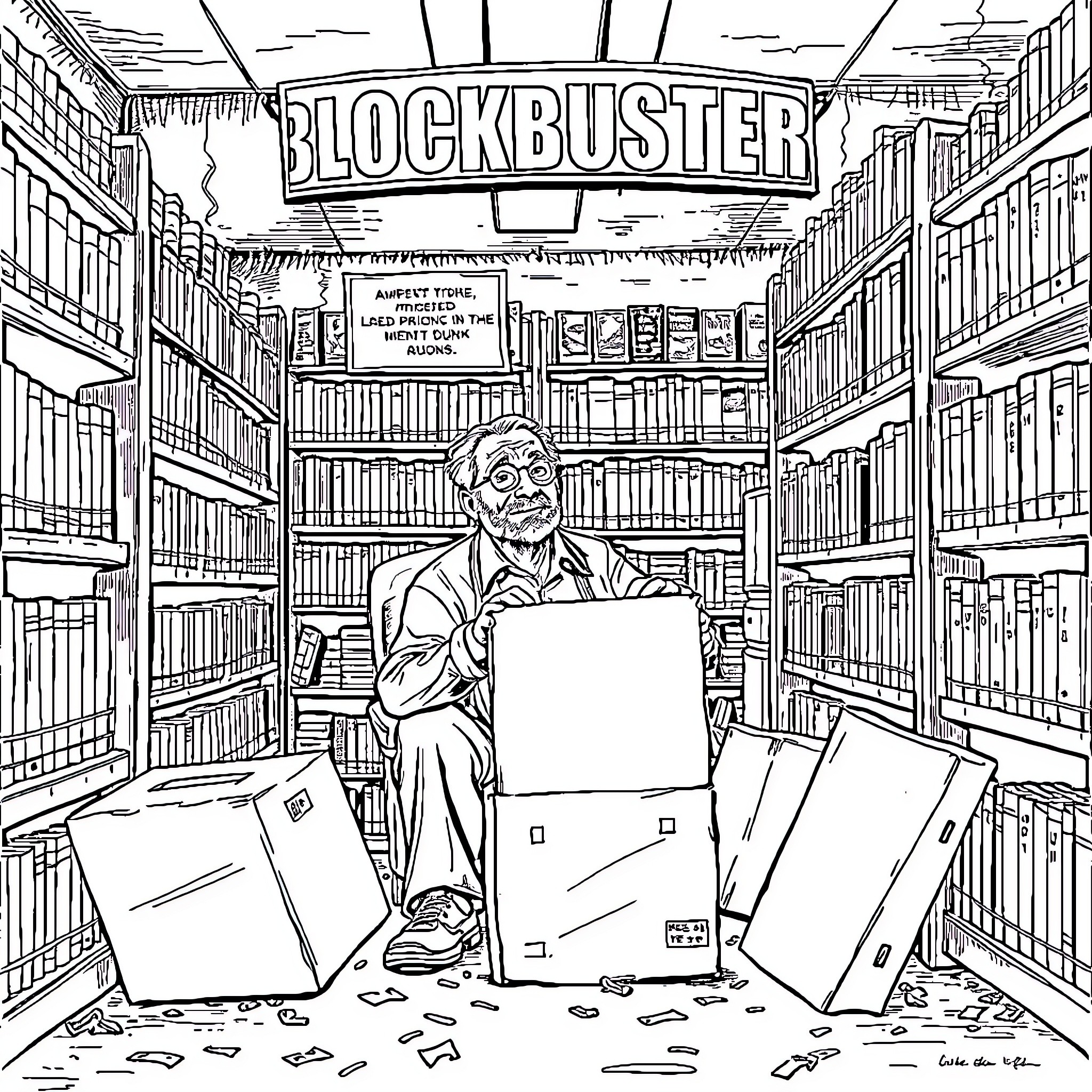 Employee working amidst clutter in Blockbuster video store Coloring Page (free black-and-white line drawing printable PDF for all, from beginners to advanced learners, including children, teens, adults, and seniors)