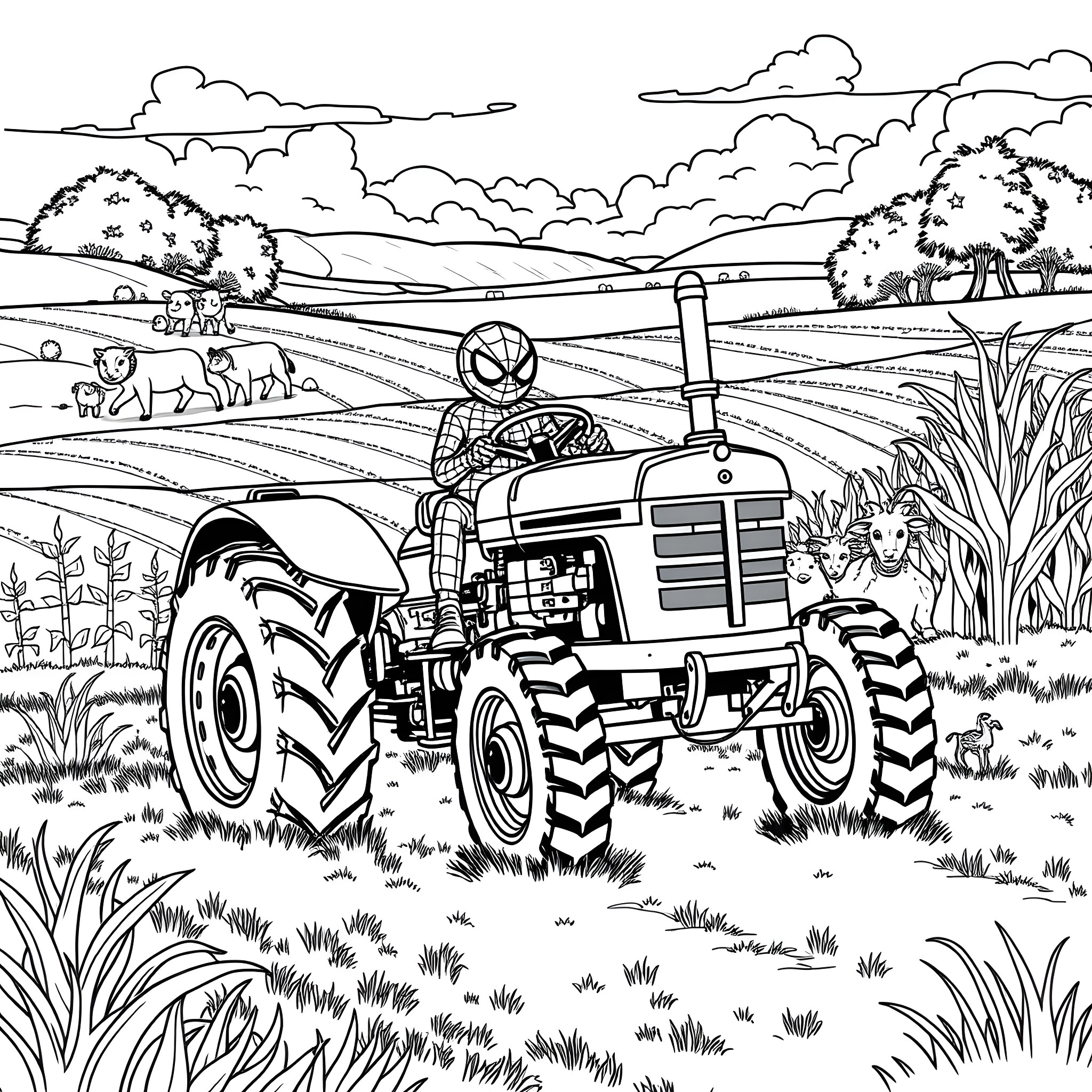 Spidey's Tractor Adventure in the Countryside Coloring Page (free black-and-white line drawing printable PDF for all, from beginners to advanced learners, including children, teens, adults, and seniors)