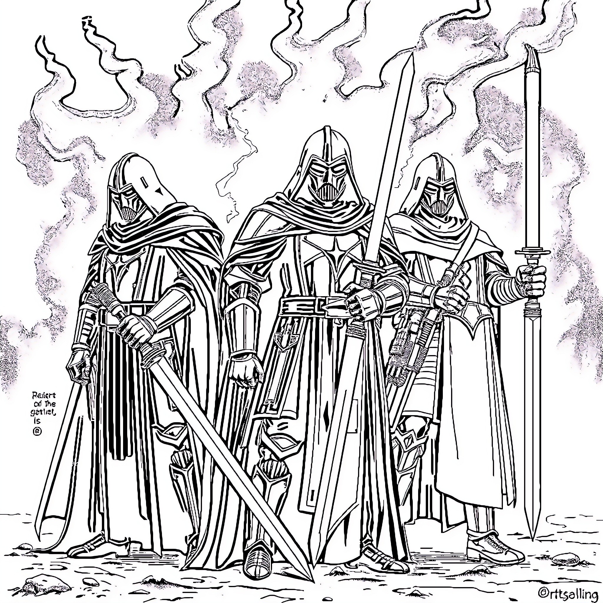 Knight Commanders Leading a Fearsome Army Coloring Page (free black-and-white line drawing printable PDF for all, from beginners to advanced learners, including children, teens, adults, and seniors)