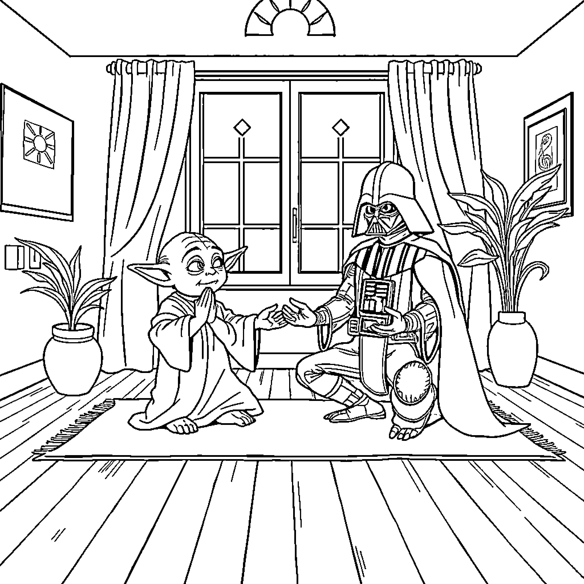 Yoda and Darth Vader in friendly conversation Coloring Page (free black-and-white line drawing printable PDF for all, from beginners to advanced learners, including children, teens, adults, and seniors)