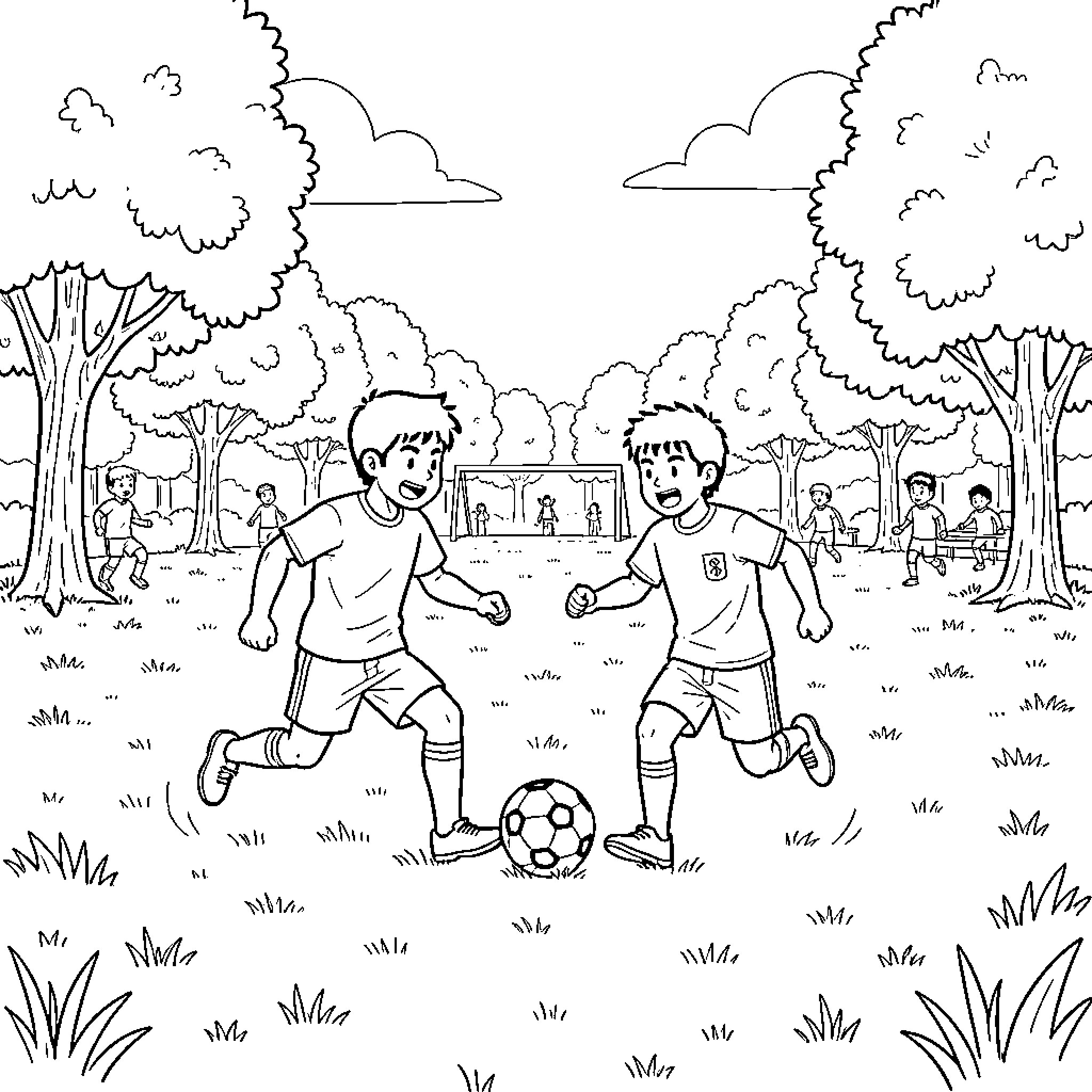 Sangoku playing soccer with a friend in a park Coloring Page (free black-and-white line drawing printable PDF for all, from beginners to advanced learners, including children, teens, adults, and seniors)