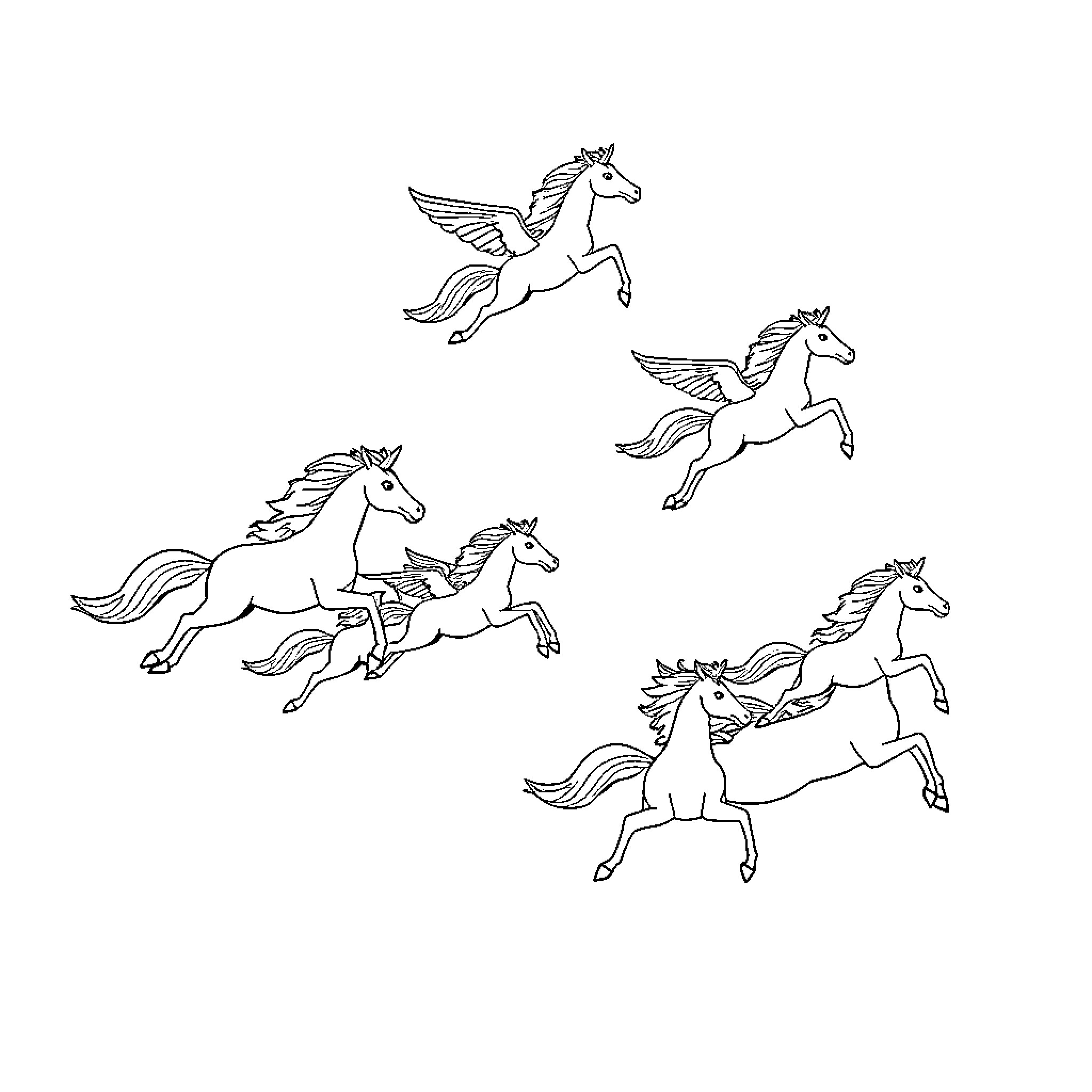 Unicorn herd galloping across the sky Coloring Page (free black-and-white line drawing printable PDF for all, from beginners to advanced learners, including children, teens, adults, and seniors)