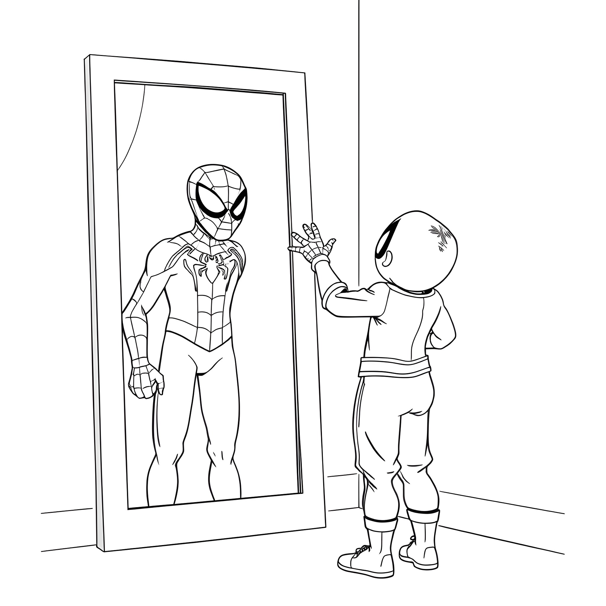 Spiderman reflected in the mirror Coloring Page (free black-and-white line drawing printable PDF for all, from beginners to advanced learners, including children, teens, adults, and seniors)