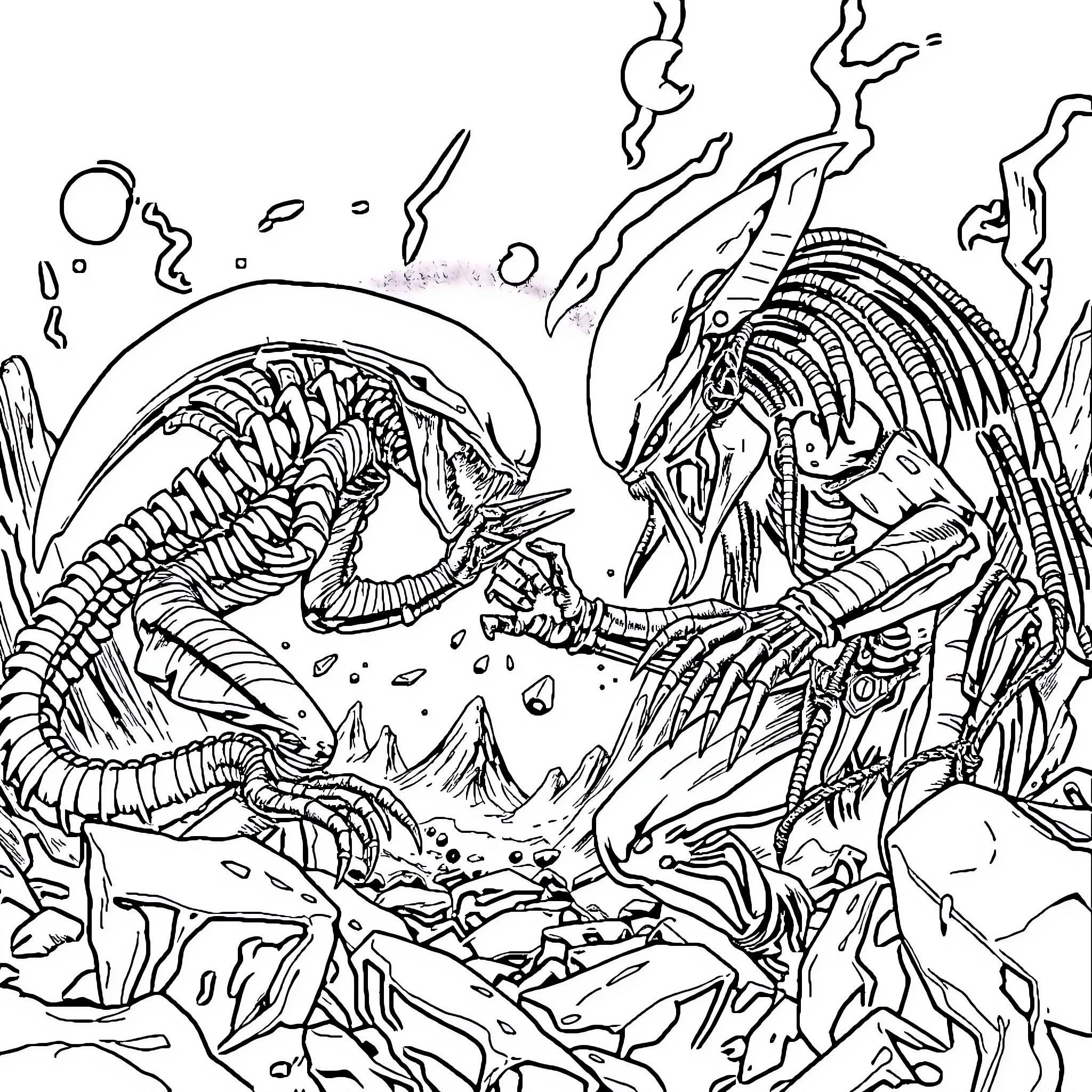 Xenomorph creatures in intense battle Coloring Page (free black-and-white line drawing printable PDF for all, from beginners to advanced learners, including children, teens, adults, and seniors)