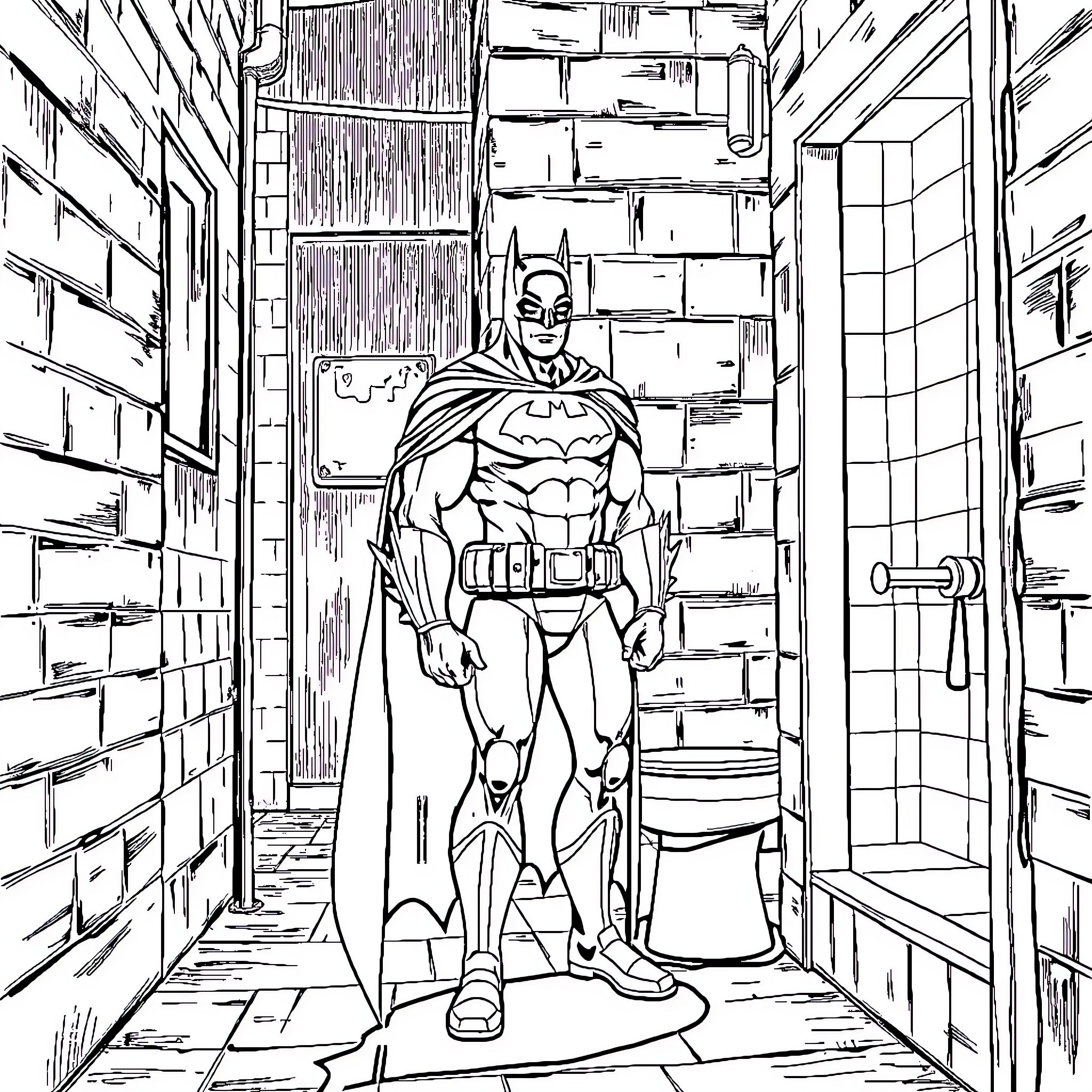 Batman standing tall in a dark alley Coloring Page (free black-and-white line drawing printable PDF for all, from beginners to advanced learners, including children, teens, adults, and seniors)