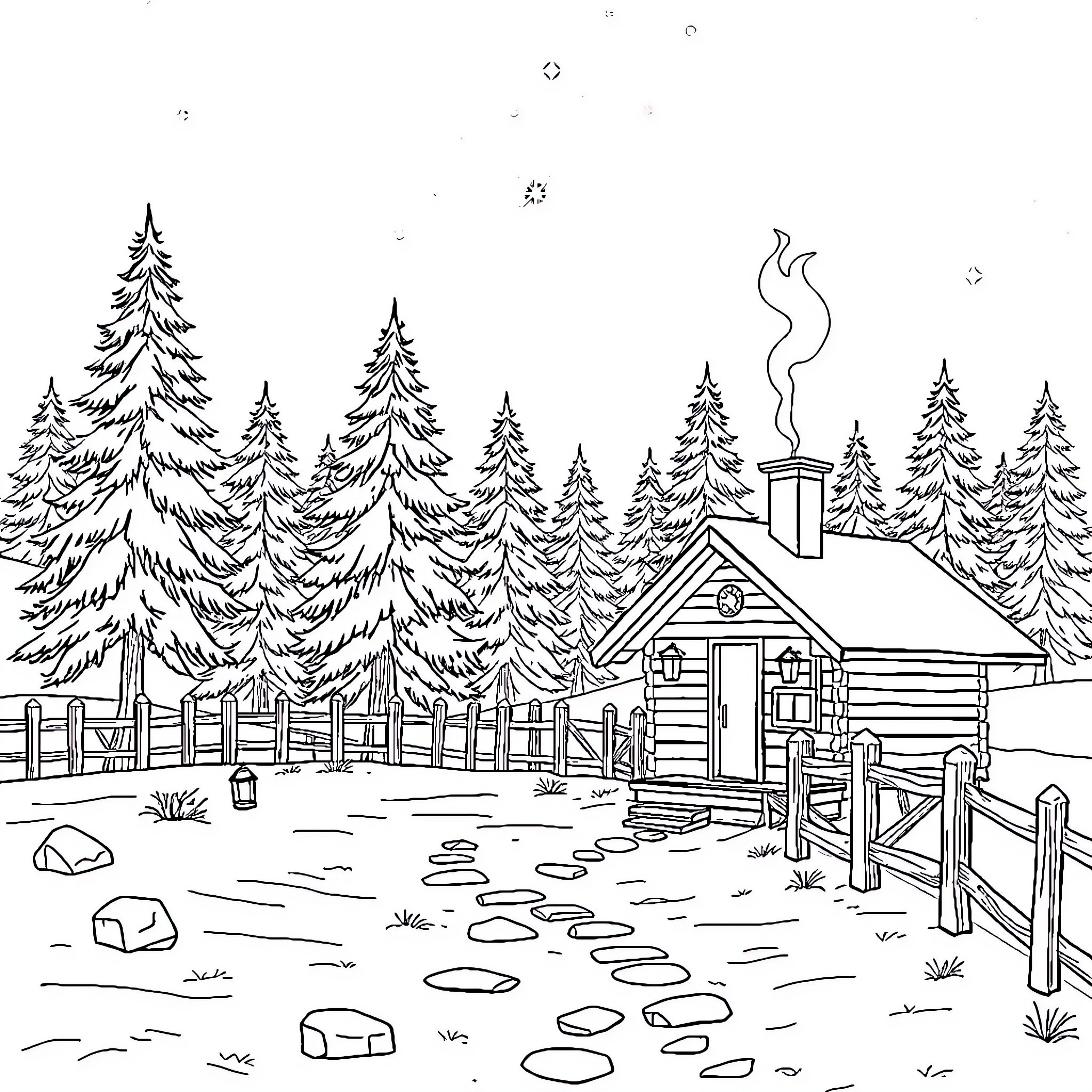 Cabin in the Peaceful Winter Landscape Coloring Page (free black-and-white line drawing printable PDF for all, from beginners to advanced learners, including children, teens, adults, and seniors)