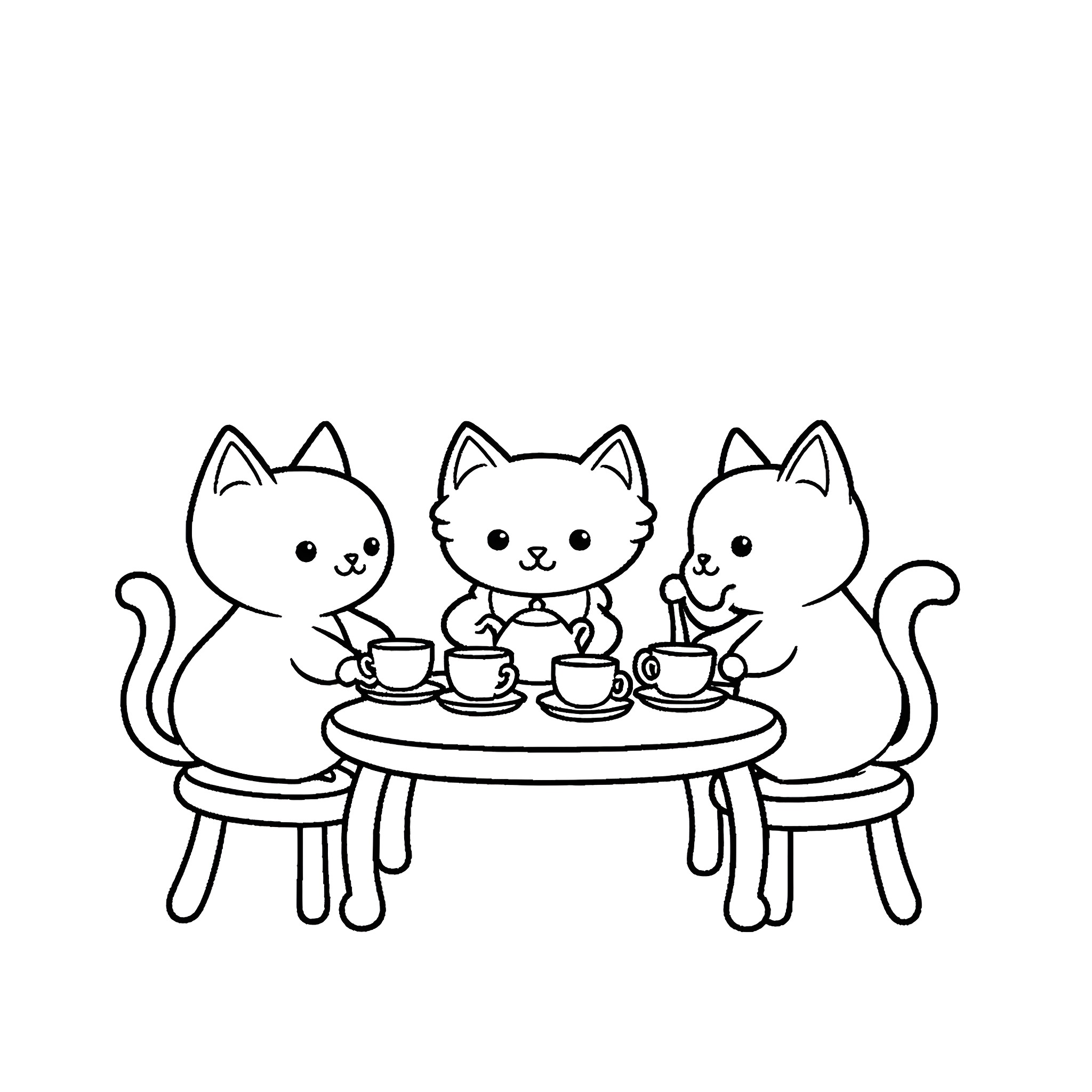 Cats enjoying tea party together Coloring Page (free black-and-white line drawing printable PDF for all, from beginners to advanced learners, including children, teens, adults, and seniors)