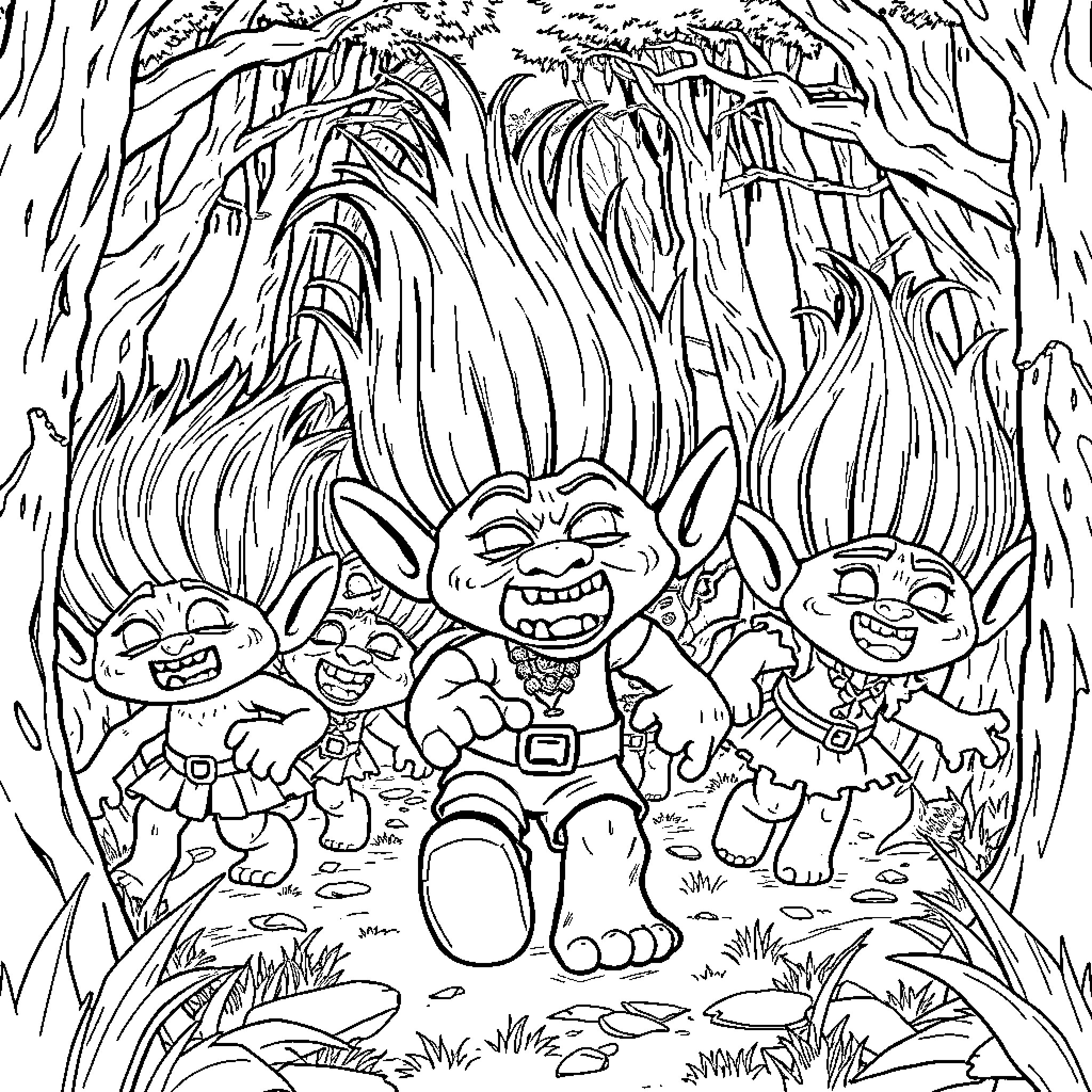 Troll family exploring the enchanted forest Coloring Page (free black-and-white line drawing printable PDF for all, from beginners to advanced learners, including children, teens, adults, and seniors)