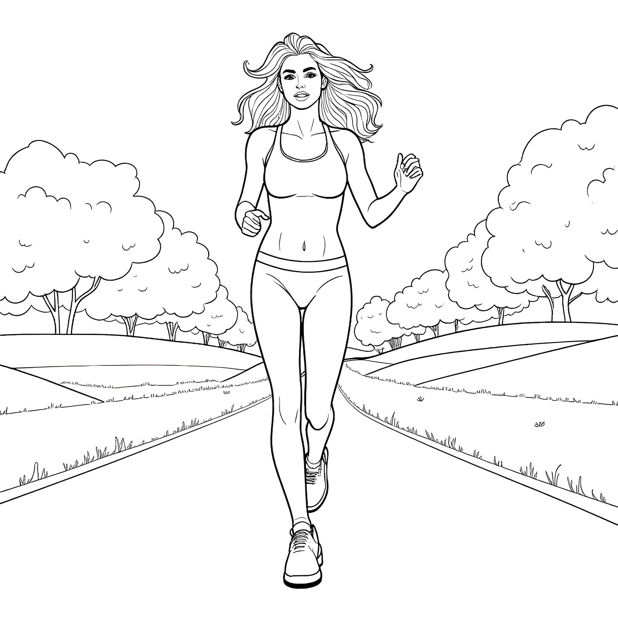 Farrah Fawcett jogging through a scenic outdoor path Coloring Page (free black-and-white line drawing printable PDF for all, from beginners to advanced learners, including children, teens, adults, and seniors)