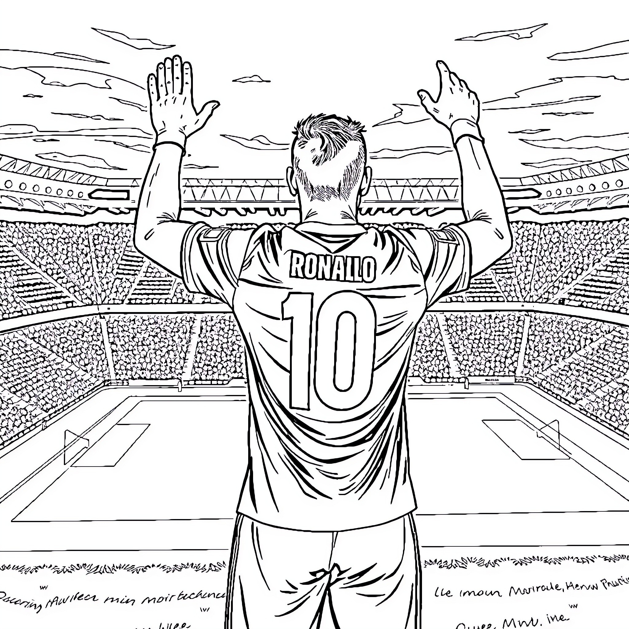 Ronaldo Celebrating Victory on the Football Pitch Coloring Page (free black-and-white line drawing printable PDF for all, from beginners to advanced learners, including children, teens, adults, and seniors)