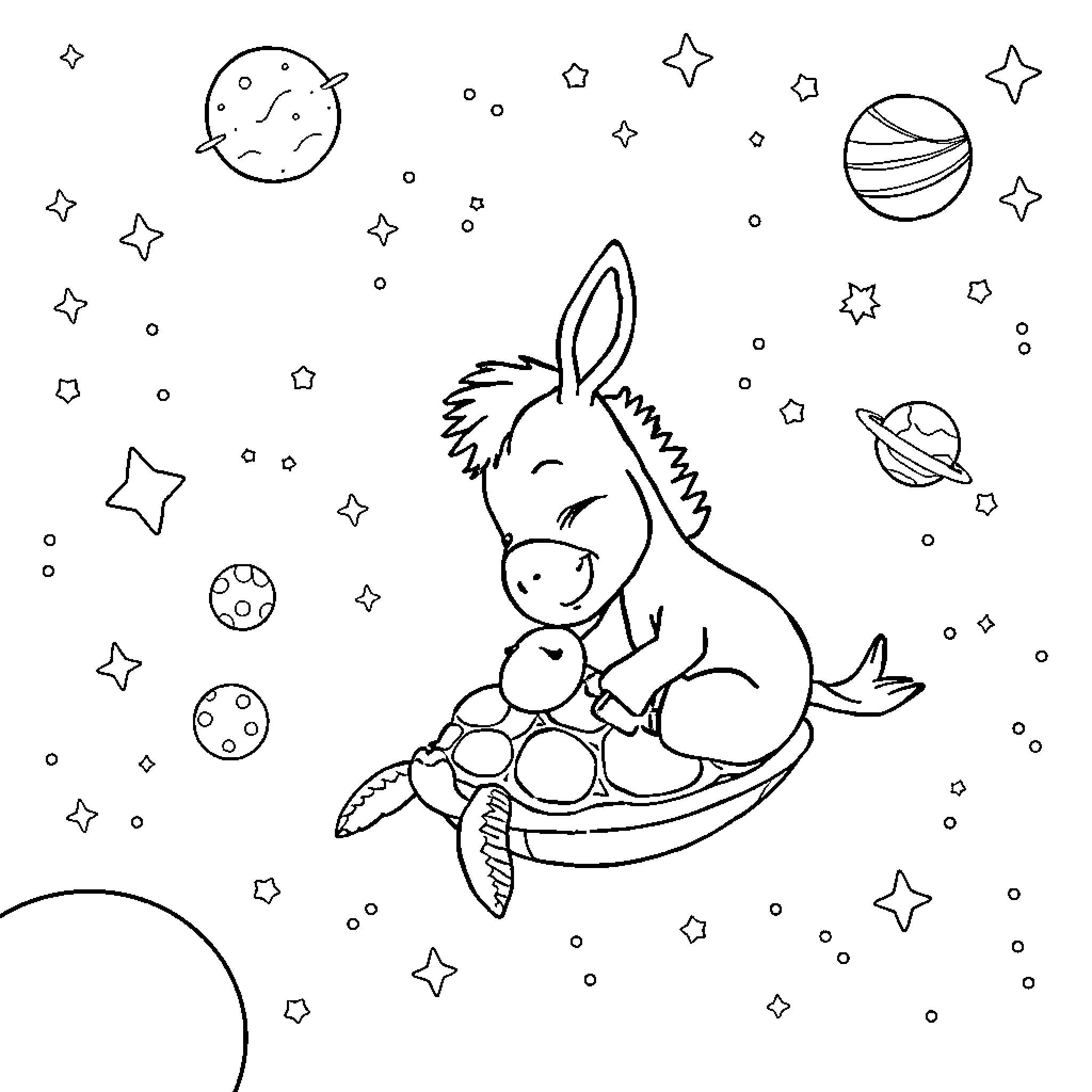 Donkey floating in space with planets and stars Coloring Page (free black-and-white line drawing printable PDF for all, from beginners to advanced learners, including children, teens, adults, and seniors)