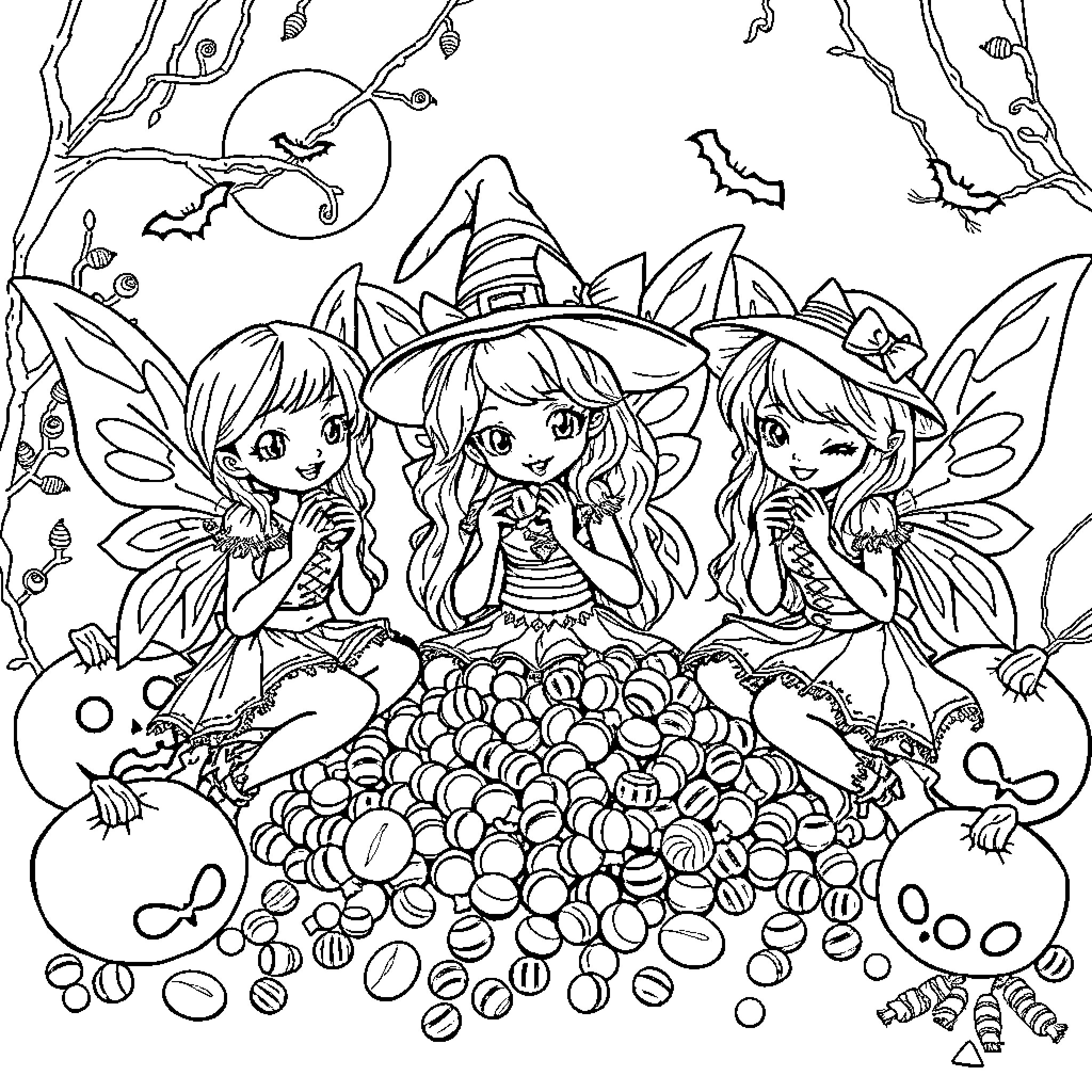 Fairy Trio Celebrate Halloween in Enchanted Forest Coloring Page (free black-and-white line drawing printable PDF for all, from beginners to advanced learners, including children, teens, adults, and seniors)