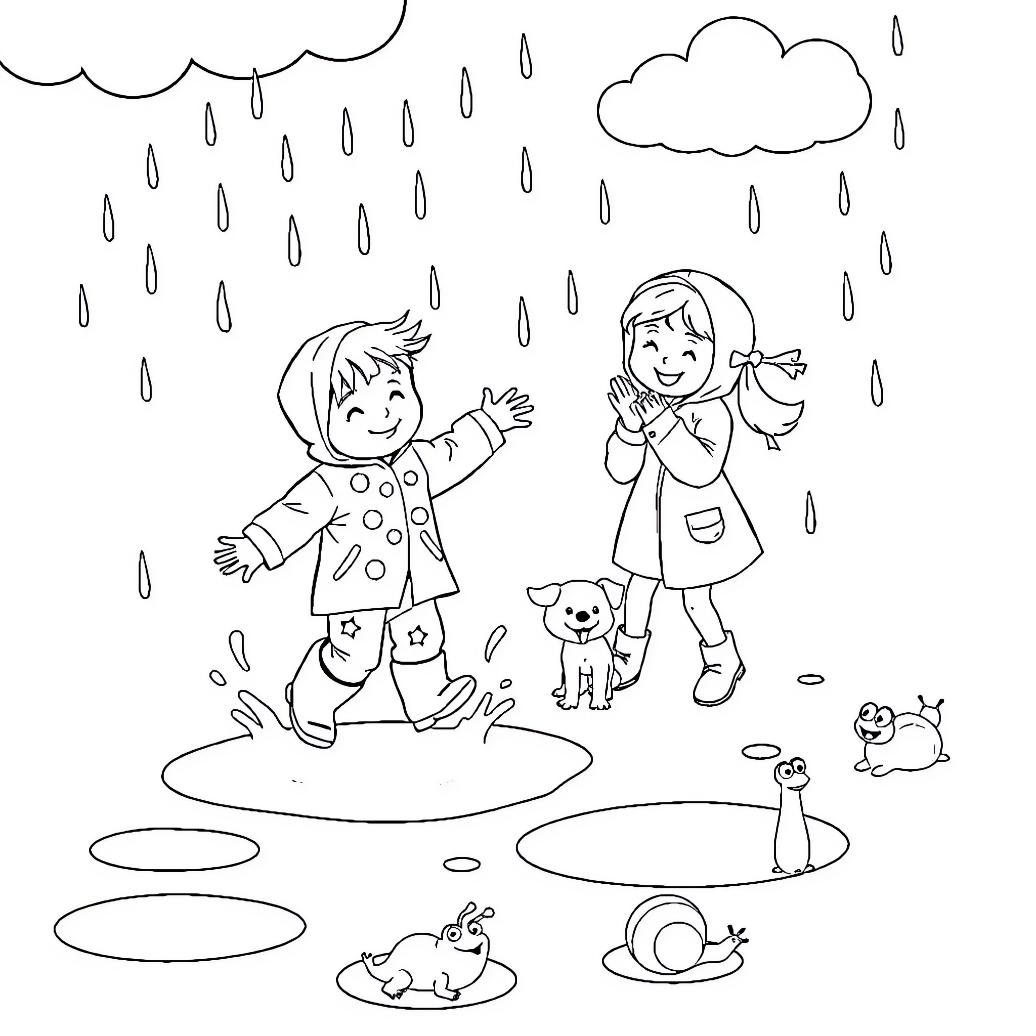 Child Playing in the Rain with Friends Coloring Page (free black-and-white line drawing printable PDF for all, from beginners to advanced learners, including children, teens, adults, and seniors)