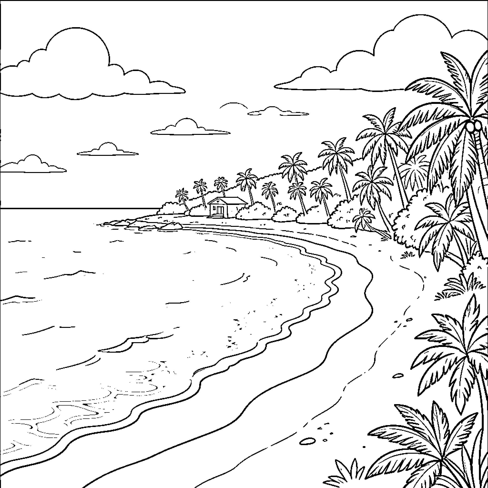 St Thomas scenic beachfront landscape Coloring Page (free black-and-white line drawing printable PDF for all, from beginners to advanced learners, including children, teens, adults, and seniors)
