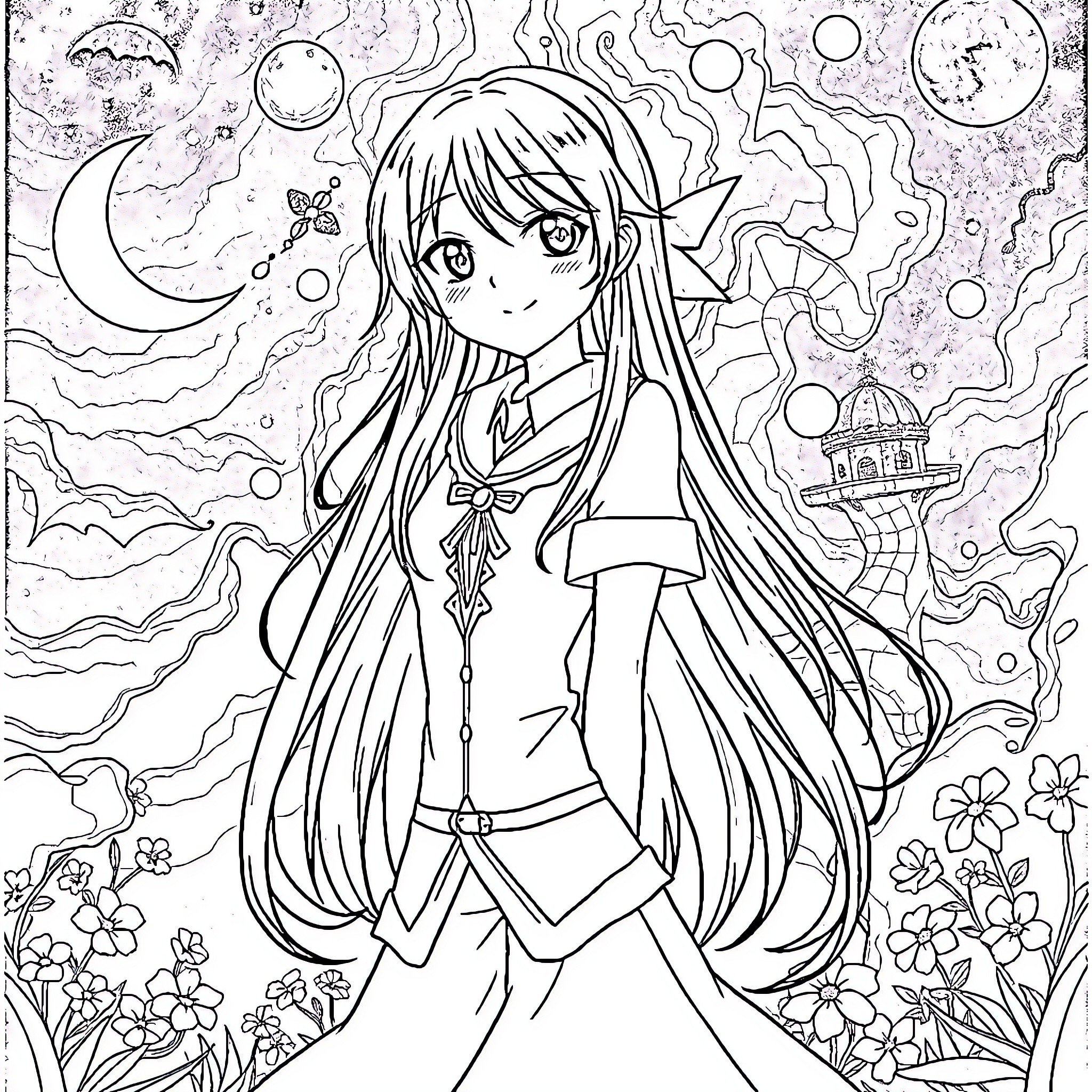 Kurami's Whimsical Woodland Wonderland Coloring Page (free black-and-white line drawing printable PDF for all, from beginners to advanced learners, including children, teens, adults, and seniors)