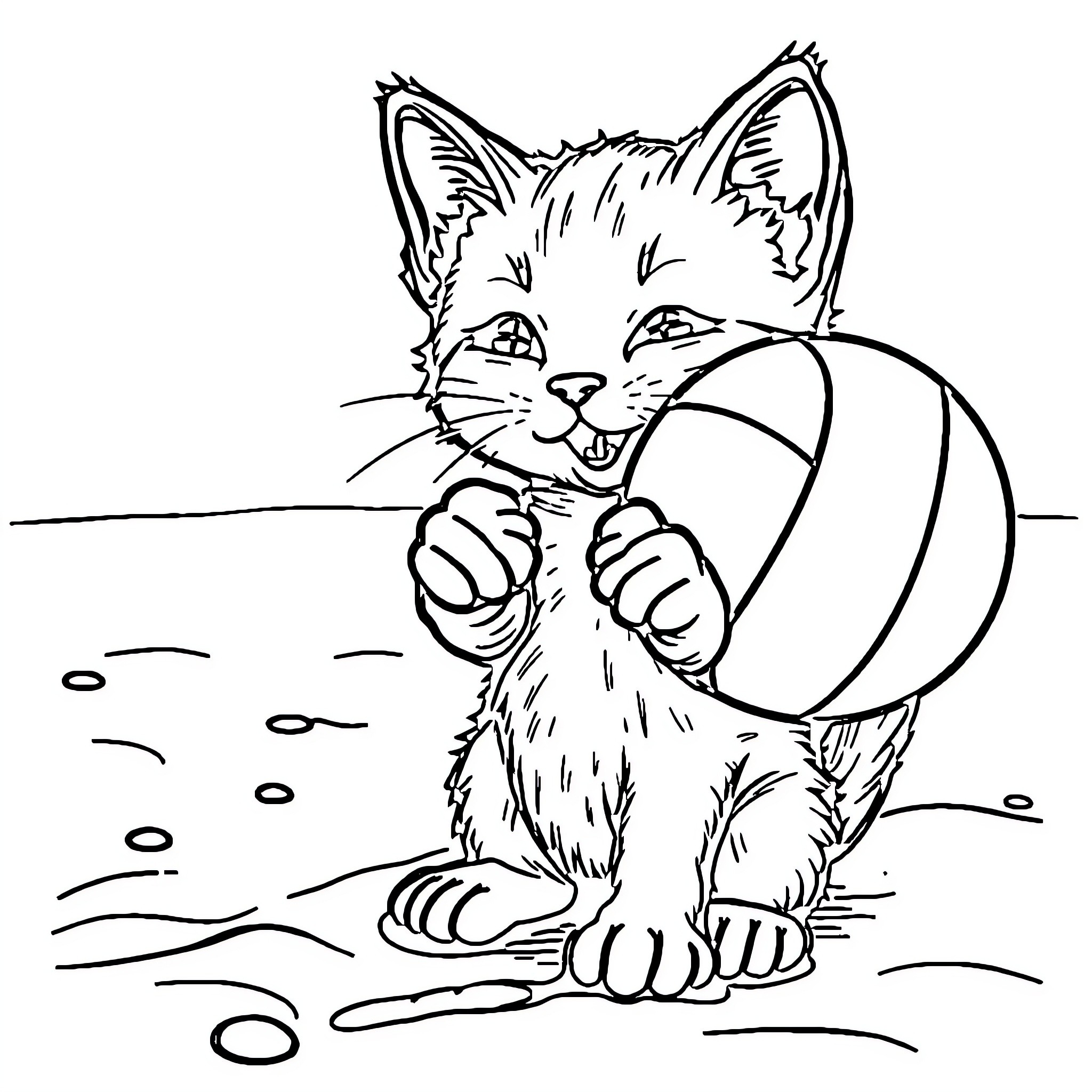 Kitty playing with a ball Coloring Page (free black-and-white line drawing printable PDF for all, from beginners to advanced learners, including children, teens, adults, and seniors)