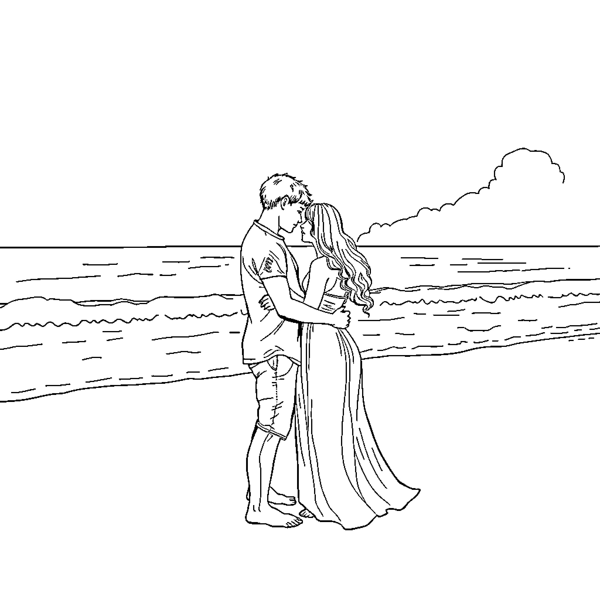 Couple embracing on the beach Coloring Page (free black-and-white line drawing printable PDF for all, from beginners to advanced learners, including children, teens, adults, and seniors)
