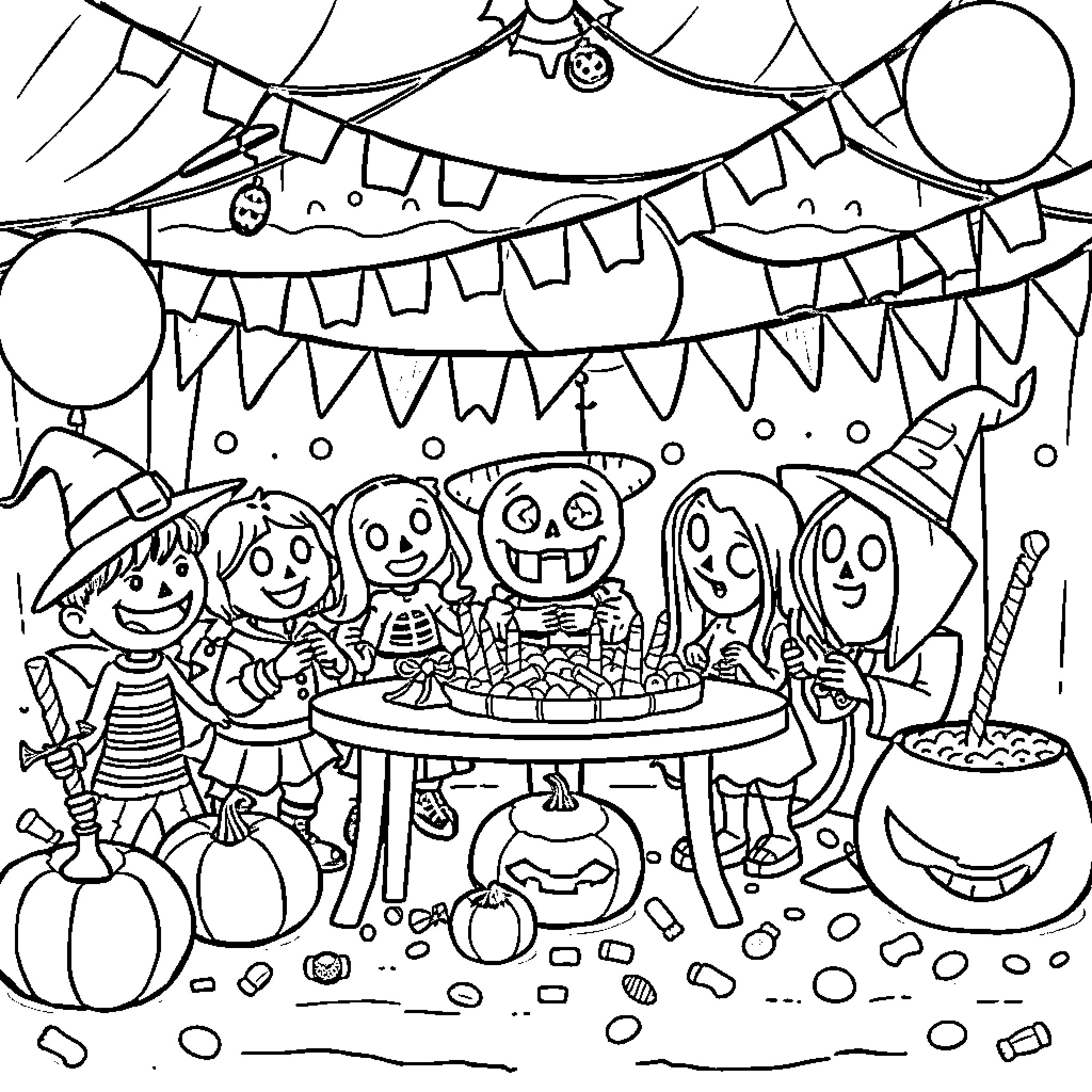Halloween Costume Party with Festive Decorations Coloring Page (free black-and-white line drawing printable PDF for all, from beginners to advanced learners, including children, teens, adults, and seniors)