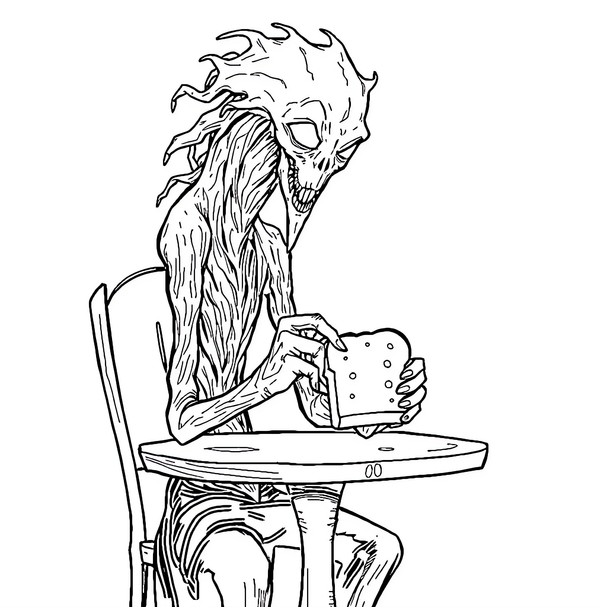 Sirenhead enjoying a snack at the table Coloring Page (free black-and-white line drawing printable PDF for all, from beginners to advanced learners, including children, teens, adults, and seniors)