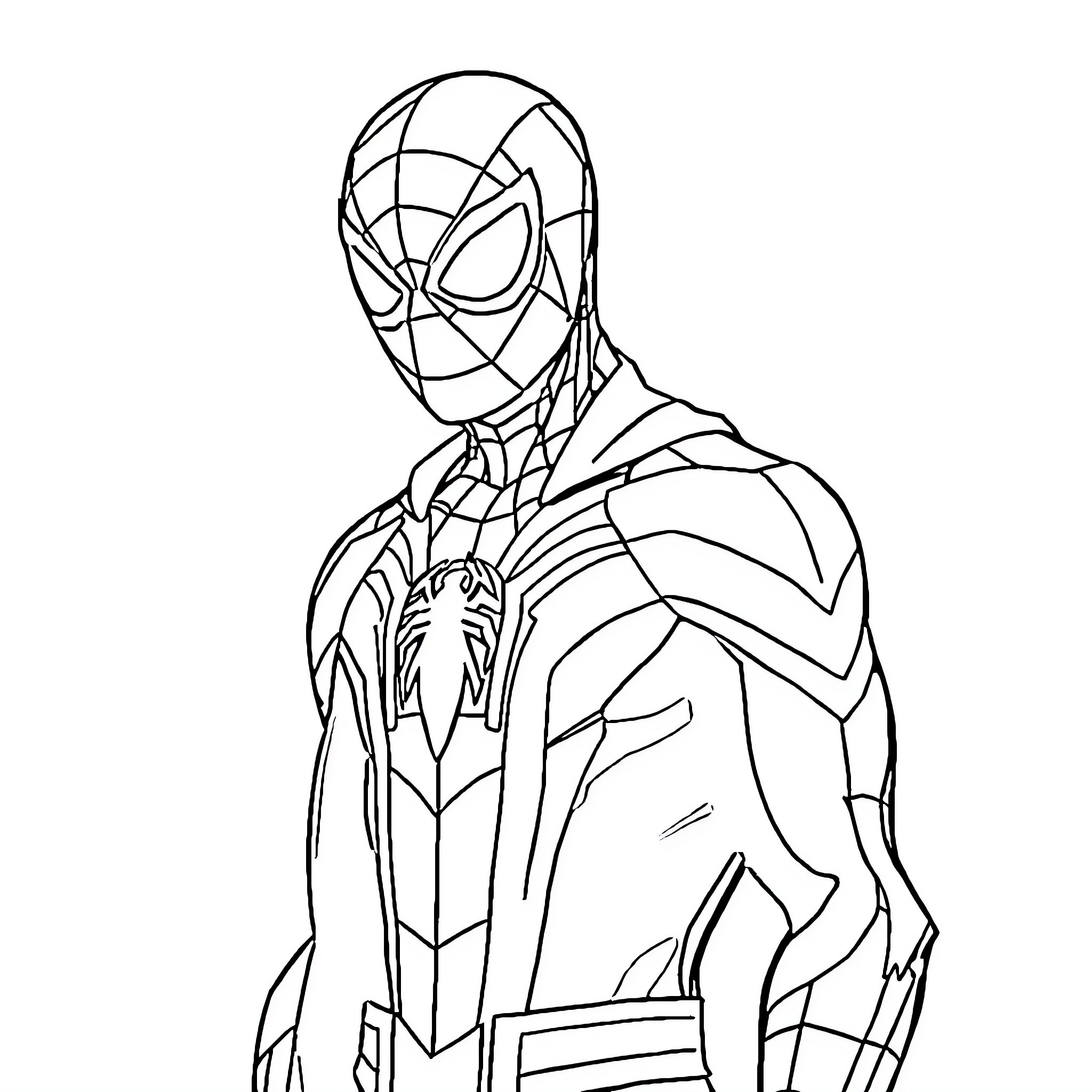 Spiderman in action pose with costume details Coloring Page (free black-and-white line drawing printable PDF for all, from beginners to advanced learners, including children, teens, adults, and seniors)