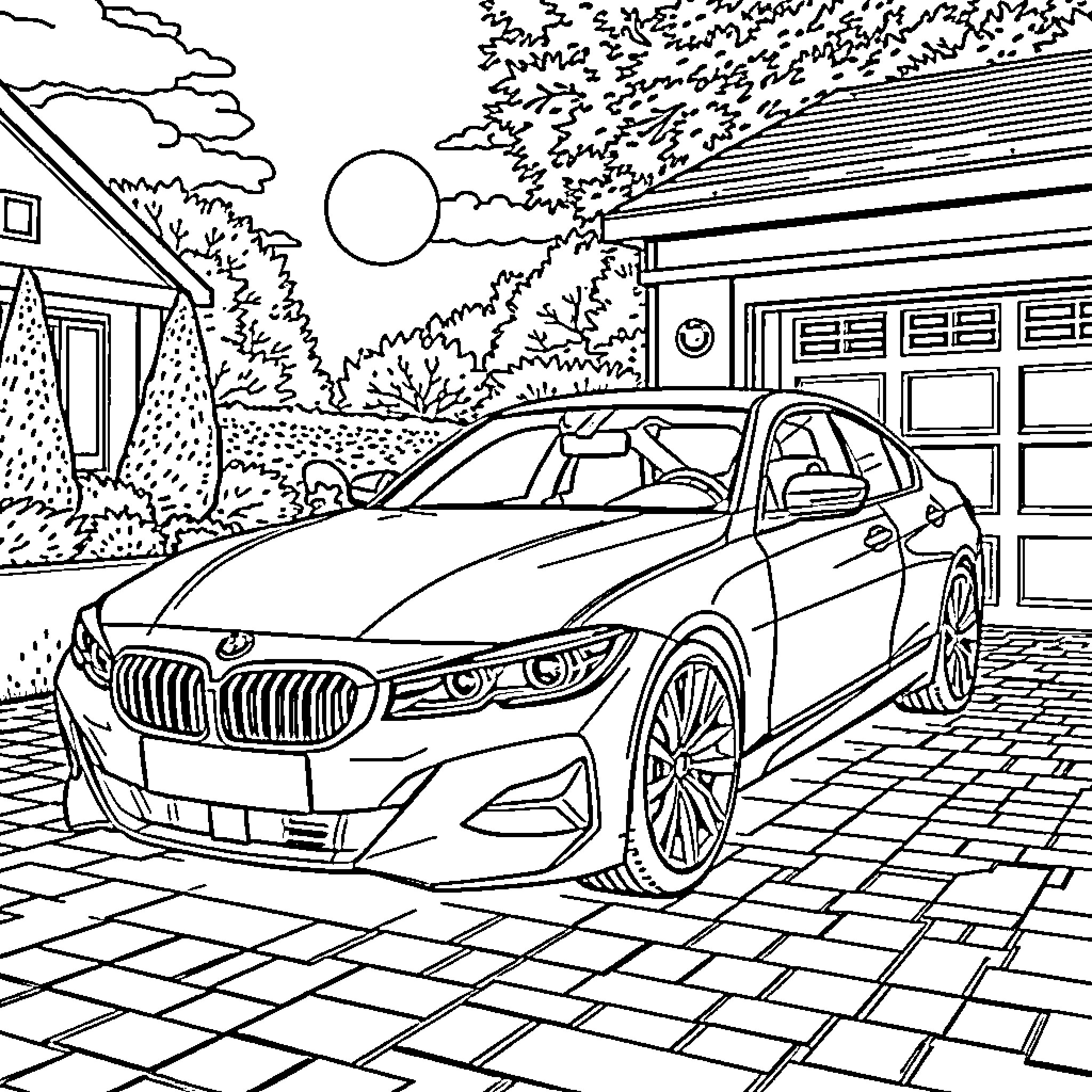 BMW luxury sedan parked in driveway with landscaping Coloring Page (free black-and-white line drawing printable PDF for all, from beginners to advanced learners, including children, teens, adults, and seniors)