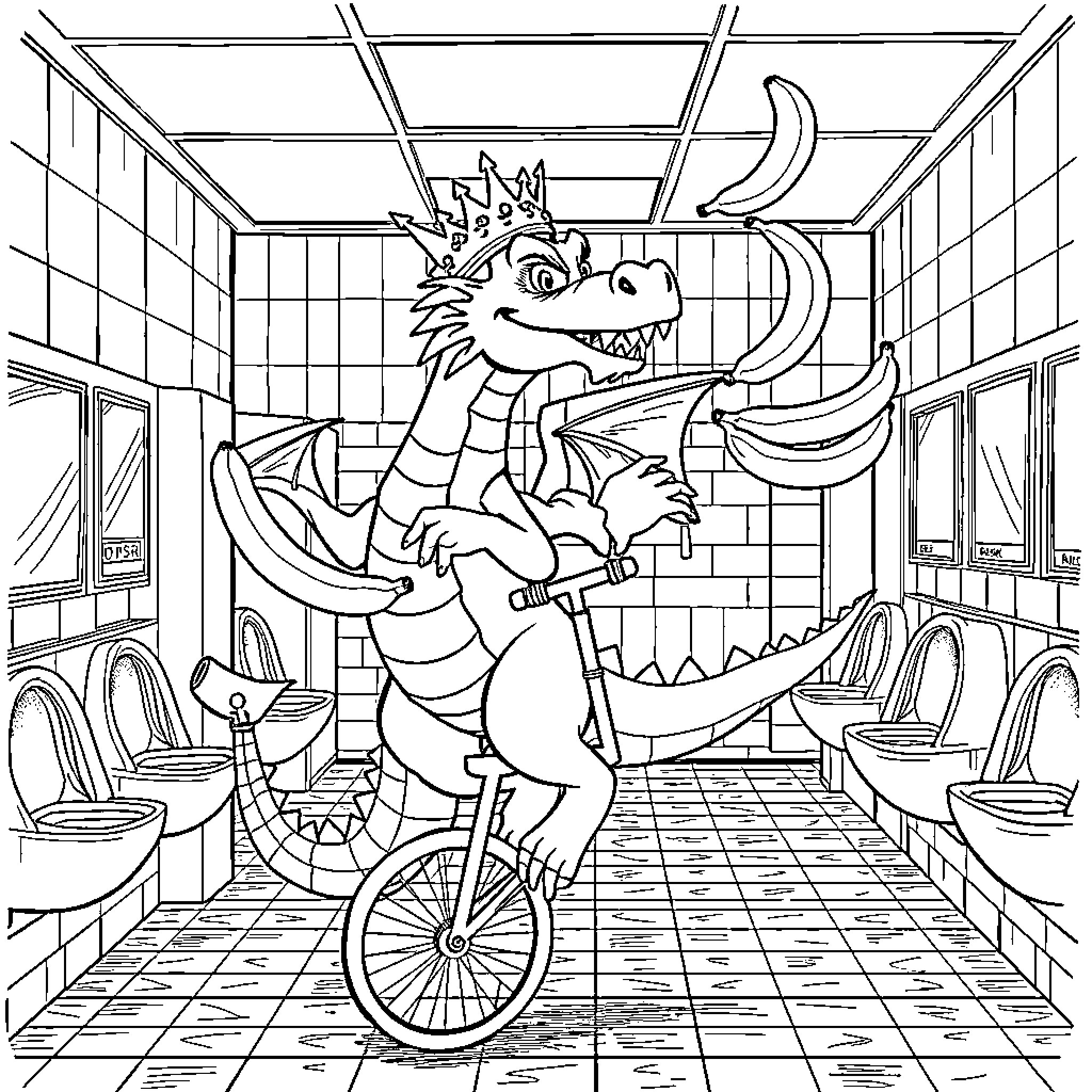 Dragon Riding a Unicycle in the Bathroom Coloring Page (free black-and-white line drawing printable PDF for all, from beginners to advanced learners, including children, teens, adults, and seniors)