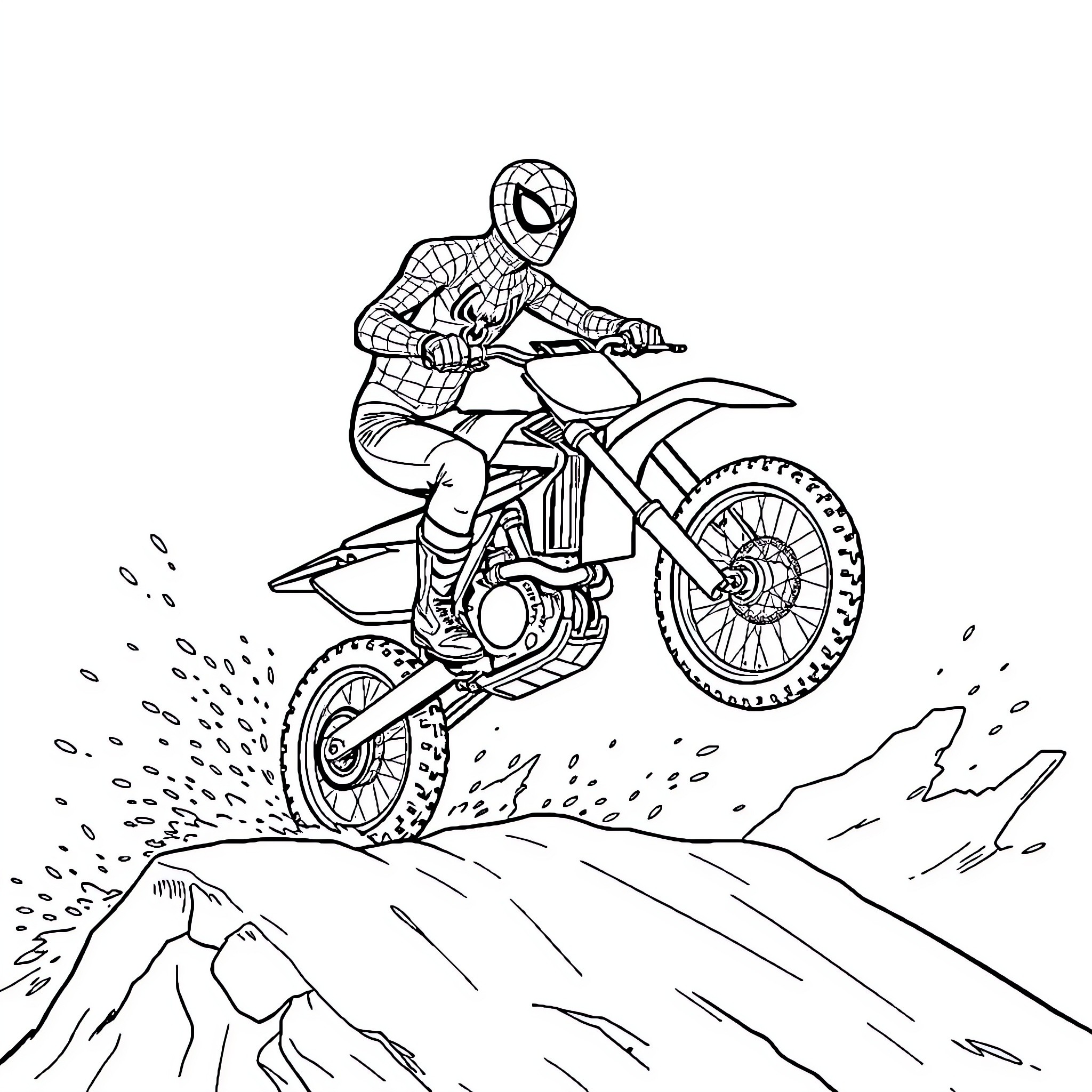 Spiderman riding a motocross bike over rocky terrain Coloring Page (free black-and-white line drawing printable PDF for all, from beginners to advanced learners, including children, teens, adults, and seniors)