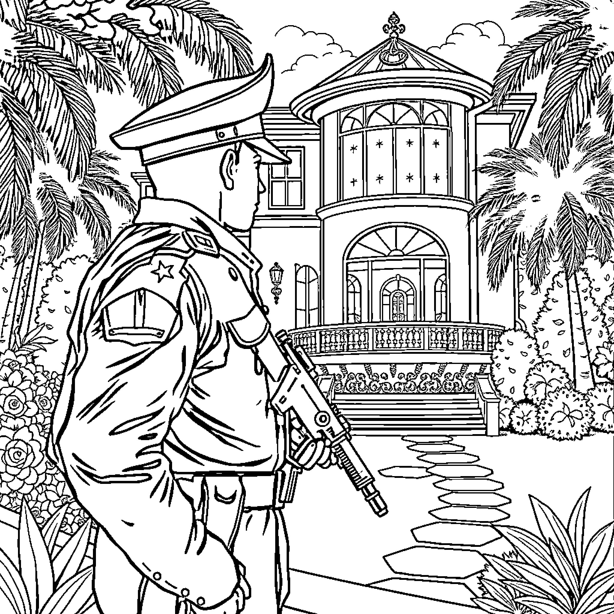 Military Officer Guarding Tropical Villa Coloring Page (free black-and-white line drawing printable PDF for all, from beginners to advanced learners, including children, teens, adults, and seniors)