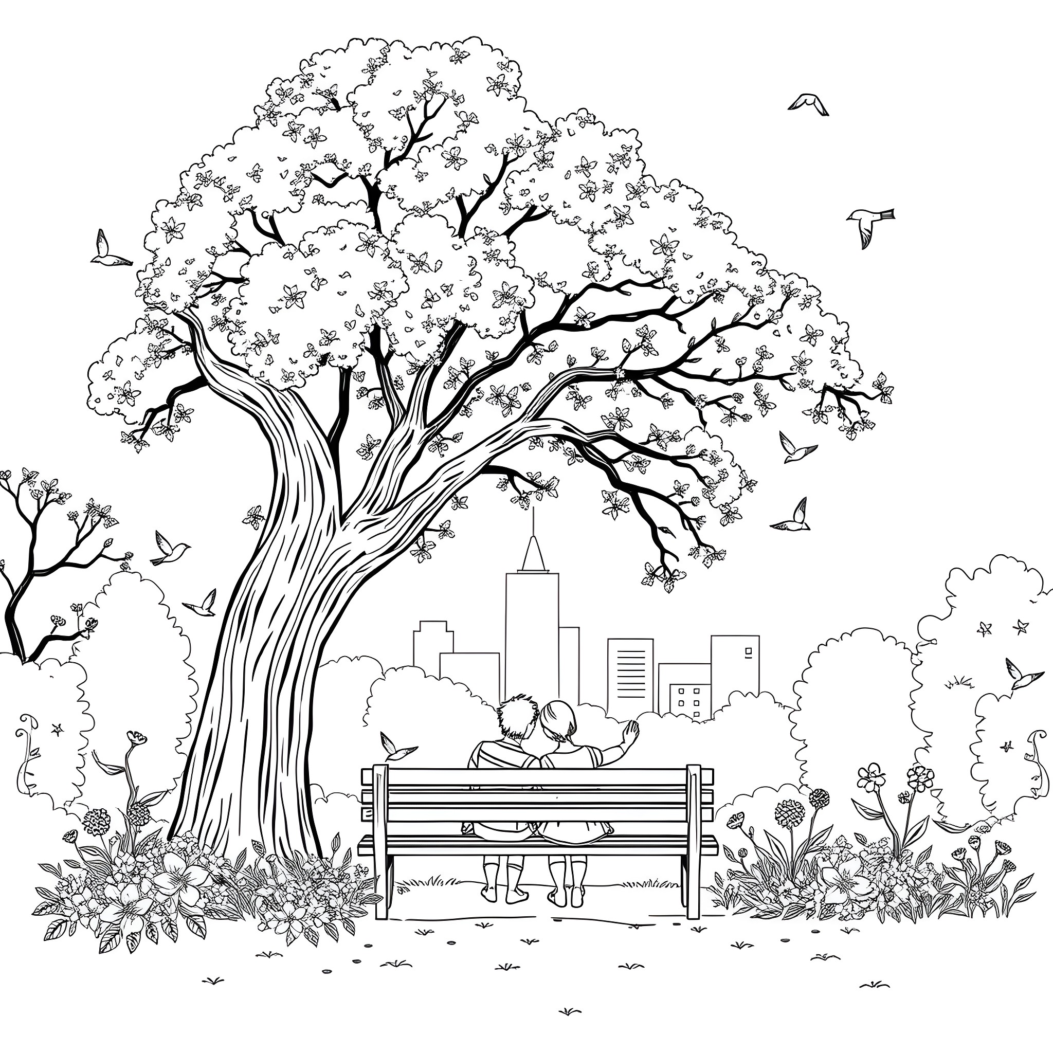 Romance under the blossoming tree in the park Coloring Page (free black-and-white line drawing printable PDF for all, from beginners to advanced learners, including children, teens, adults, and seniors)