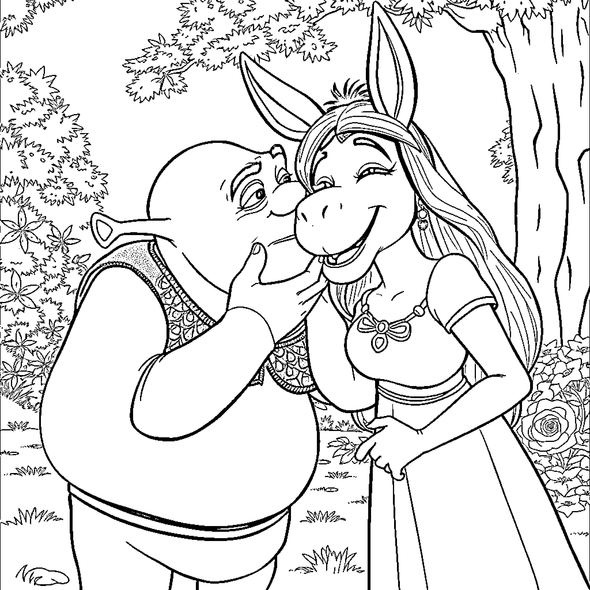 Shrek and Donkey enjoying a playful moment in the forest Coloring Page (free black-and-white line drawing printable PDF for all, from beginners to advanced learners, including children, teens, adults, and seniors)