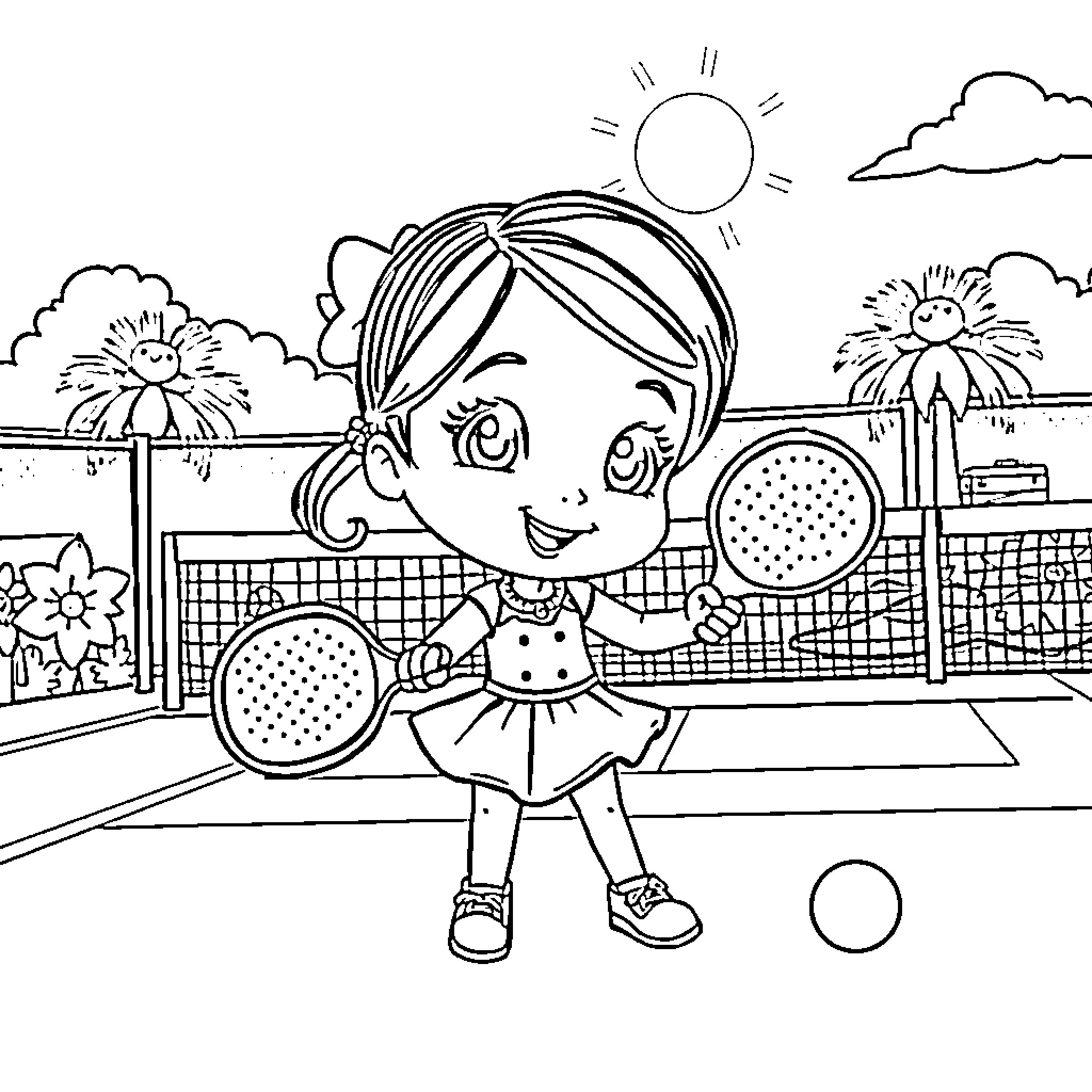 Polly Pocket playing with beach toys on a sunny day Coloring Page (free black-and-white line drawing printable PDF for all, from beginners to advanced learners, including children, teens, adults, and seniors)