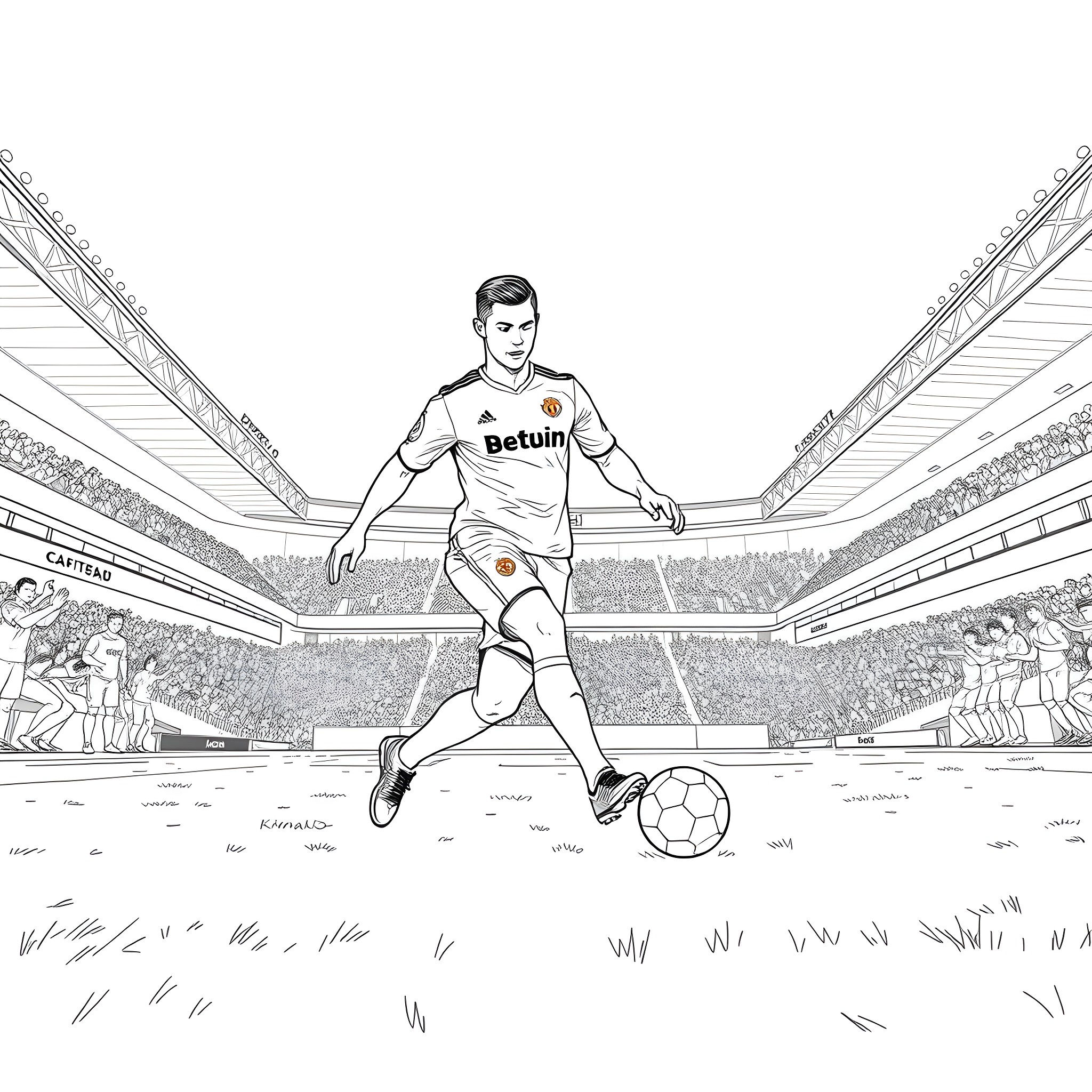 Cristiano Ronaldo playing soccer in the stadium Coloring Page (free black-and-white line drawing printable PDF for all, from beginners to advanced learners, including children, teens, adults, and seniors)
