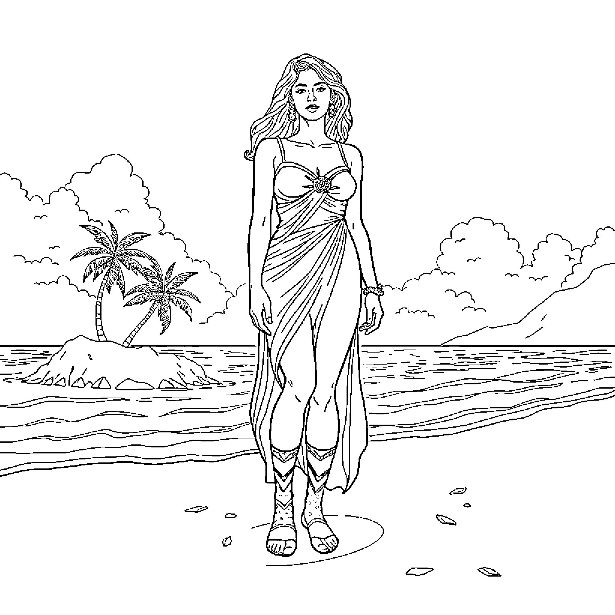 Sappho in Serene Seaside Solitude Coloring Page (free black-and-white line drawing printable PDF for all, from beginners to advanced learners, including children, teens, adults, and seniors)