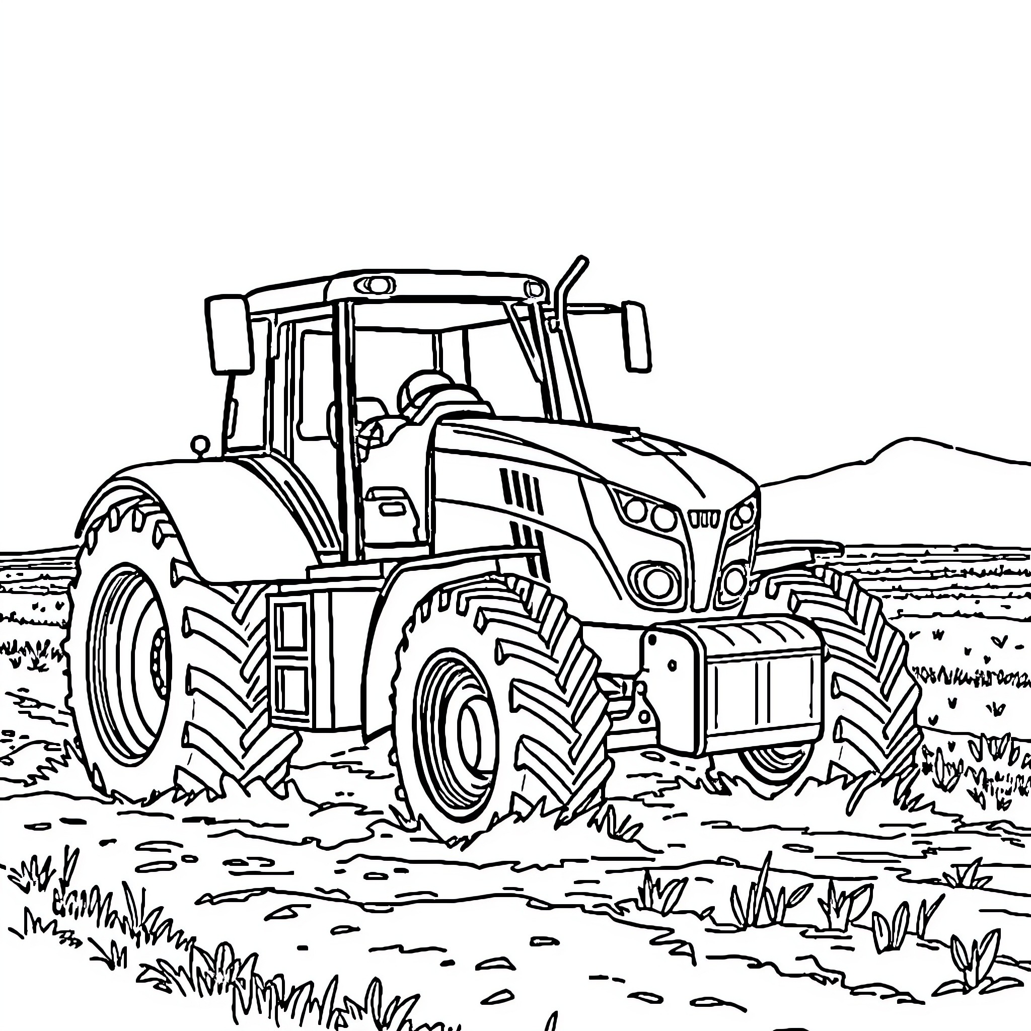 Tractor plowing through fields with machinery Coloring Page (free black-and-white line drawing printable PDF for all, from beginners to advanced learners, including children, teens, adults, and seniors)