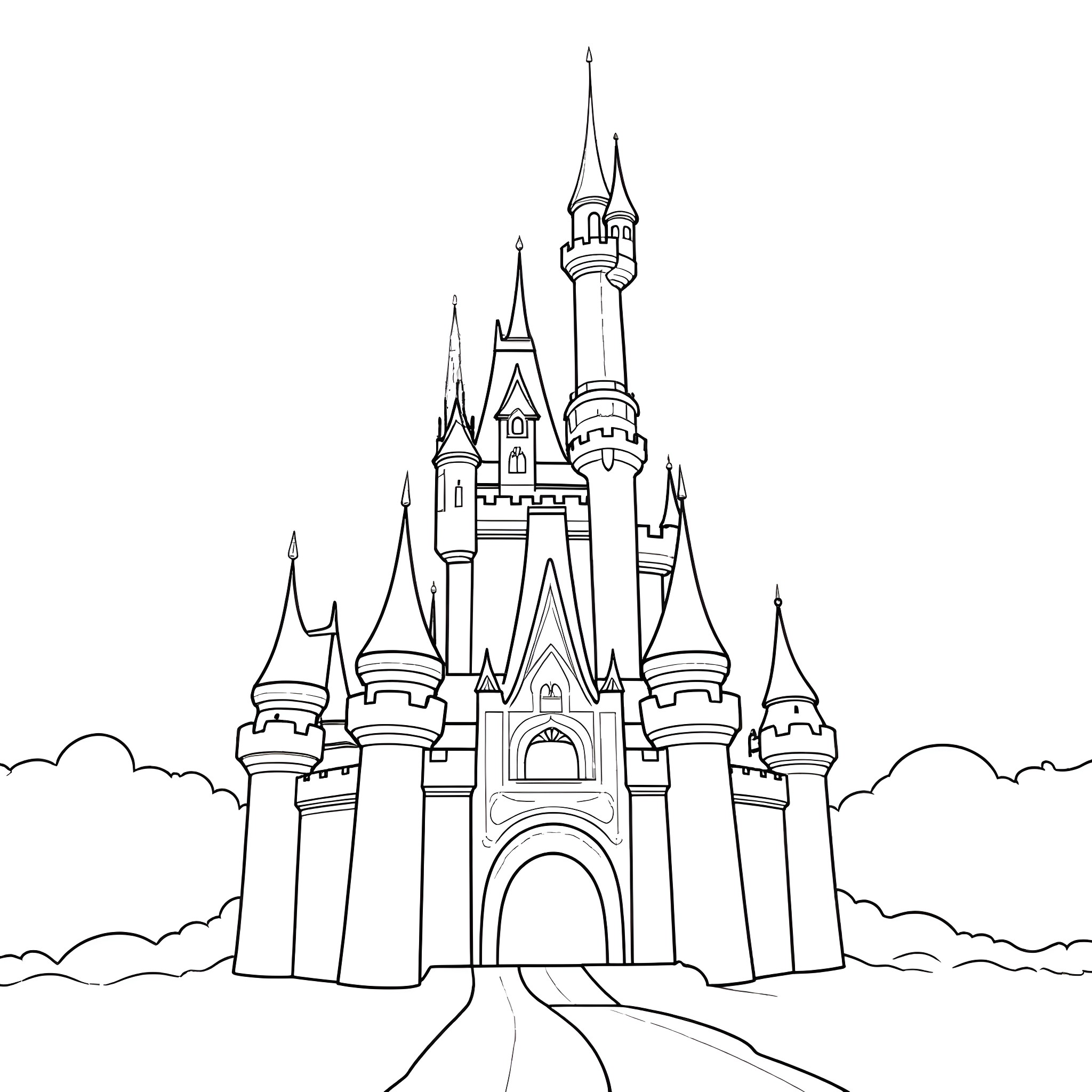 Disney Castle with Intricate Architectural Details Coloring Page (free black-and-white line drawing printable PDF for all, from beginners to advanced learners, including children, teens, adults, and seniors)
