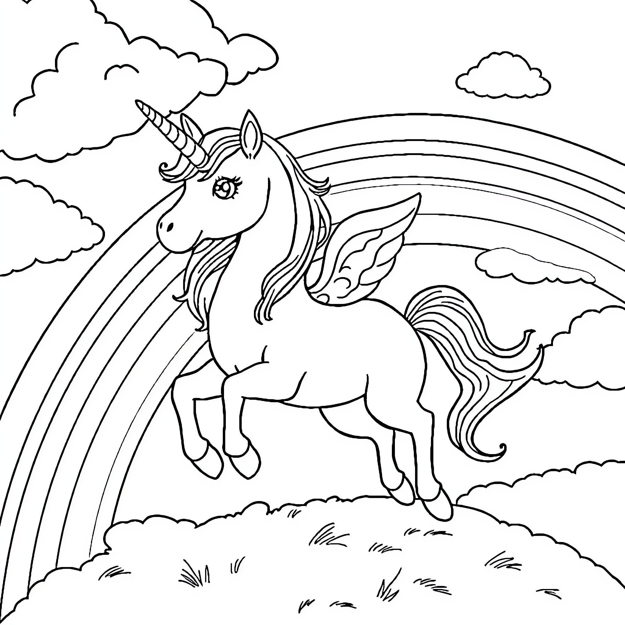 Unicorn soaring through the cloudy sky Coloring Page (free black-and-white line drawing printable PDF for all, from beginners to advanced learners, including children, teens, adults, and seniors)