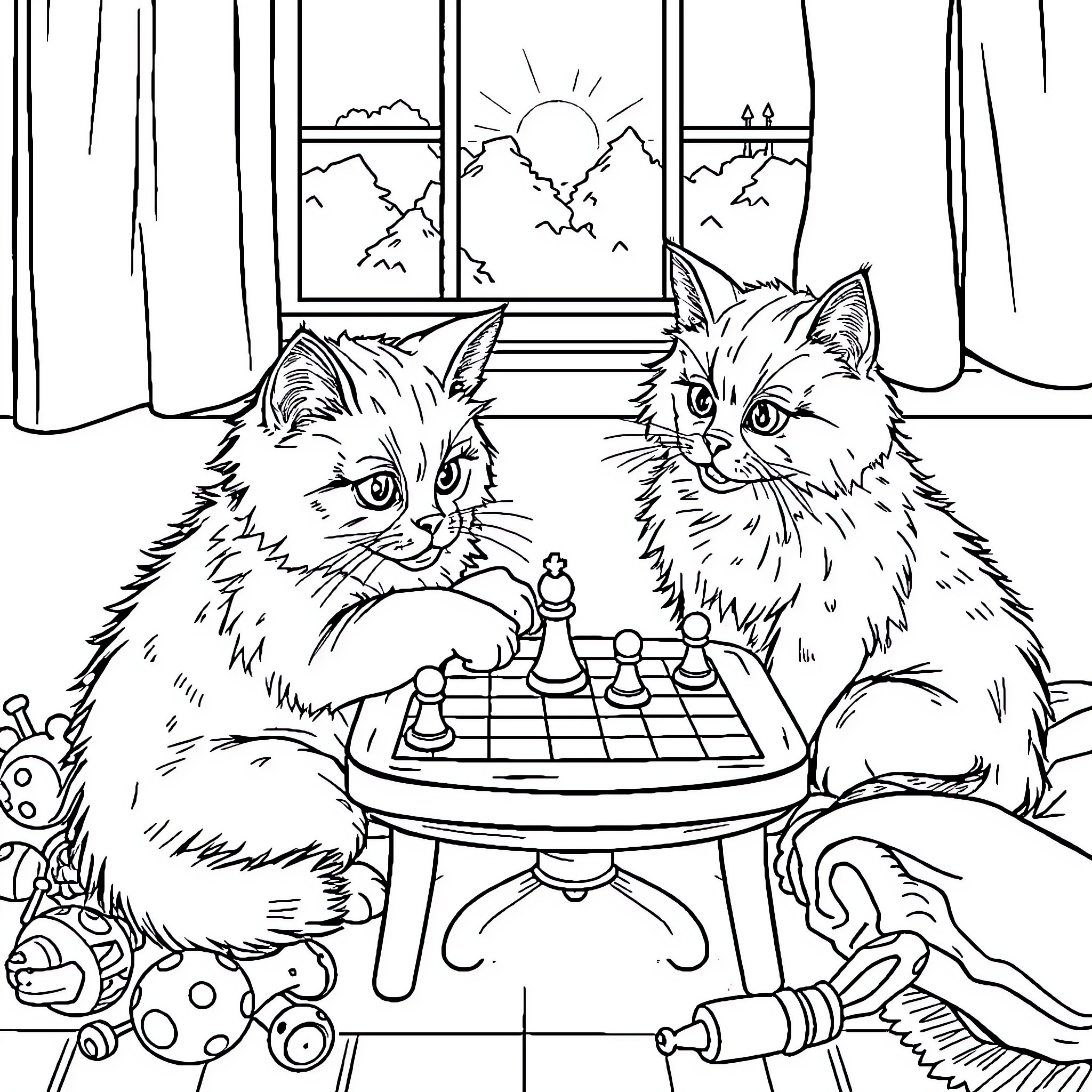 Cats playing chess in a cozy indoor setting Coloring Page (free black-and-white line drawing printable PDF for all, from beginners to advanced learners, including children, teens, adults, and seniors)