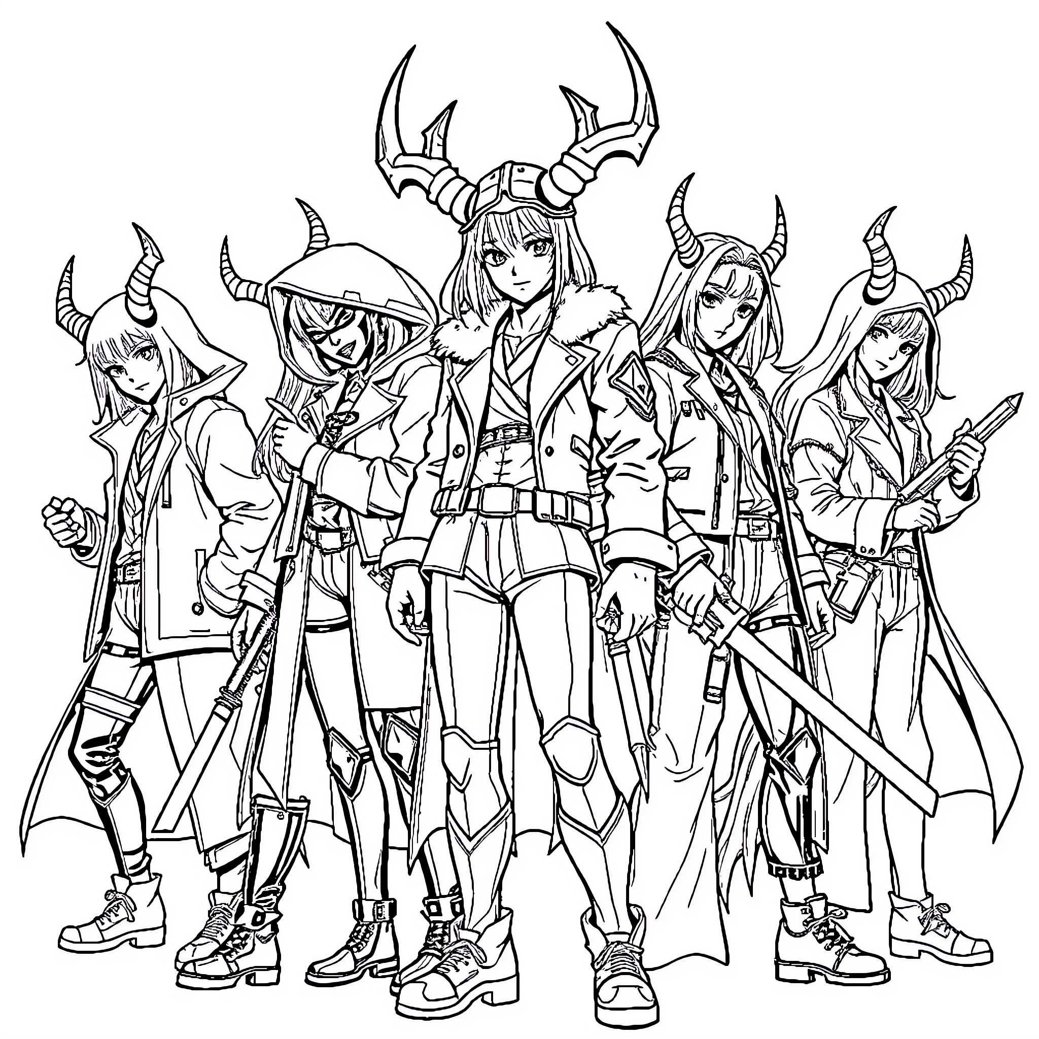 Demon Hunters in Action-Packed Attire Coloring Page (free black-and-white line drawing printable PDF for all, from beginners to advanced learners, including children, teens, adults, and seniors)